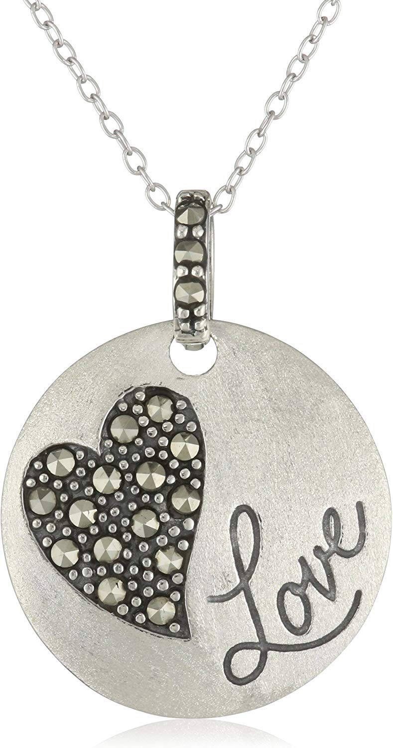 Morgan & PaigeSterling Silver Genuine Marcasite Heart"Love" Sentiment Disc Pendant Necklace, 18"