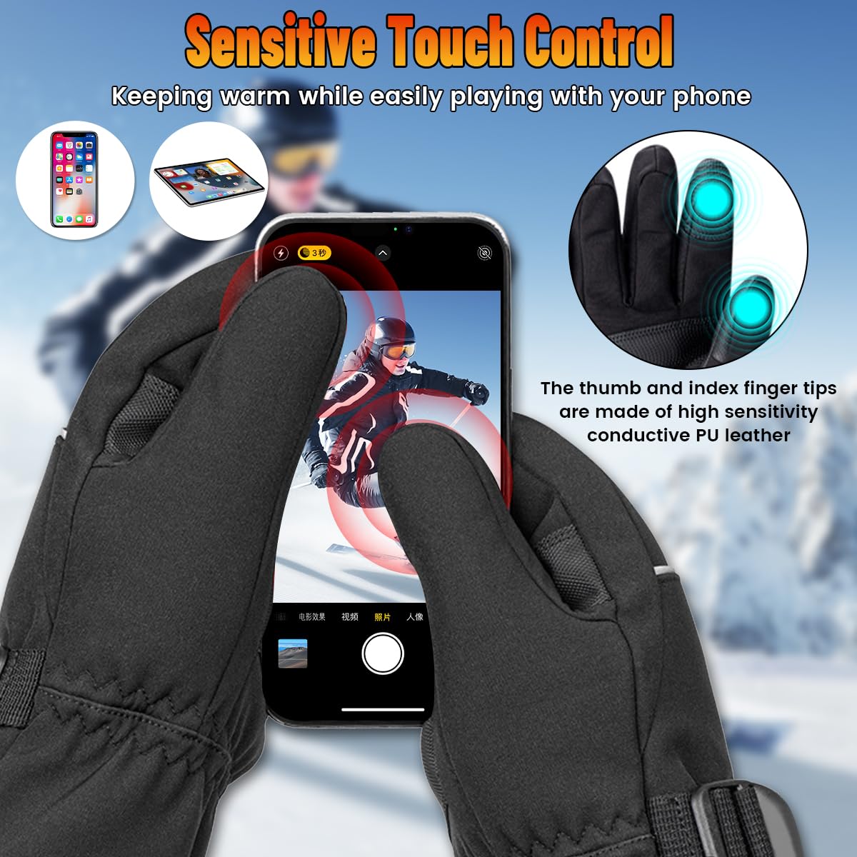 BIAOQINBO Guanti Riscaldati con 5000mAh*2 Batteria Ricaricabile, 3 Temperatura Regolabile, Touchscreen Guanti Invernali per Uomo, Guanti Termici Riscaldati