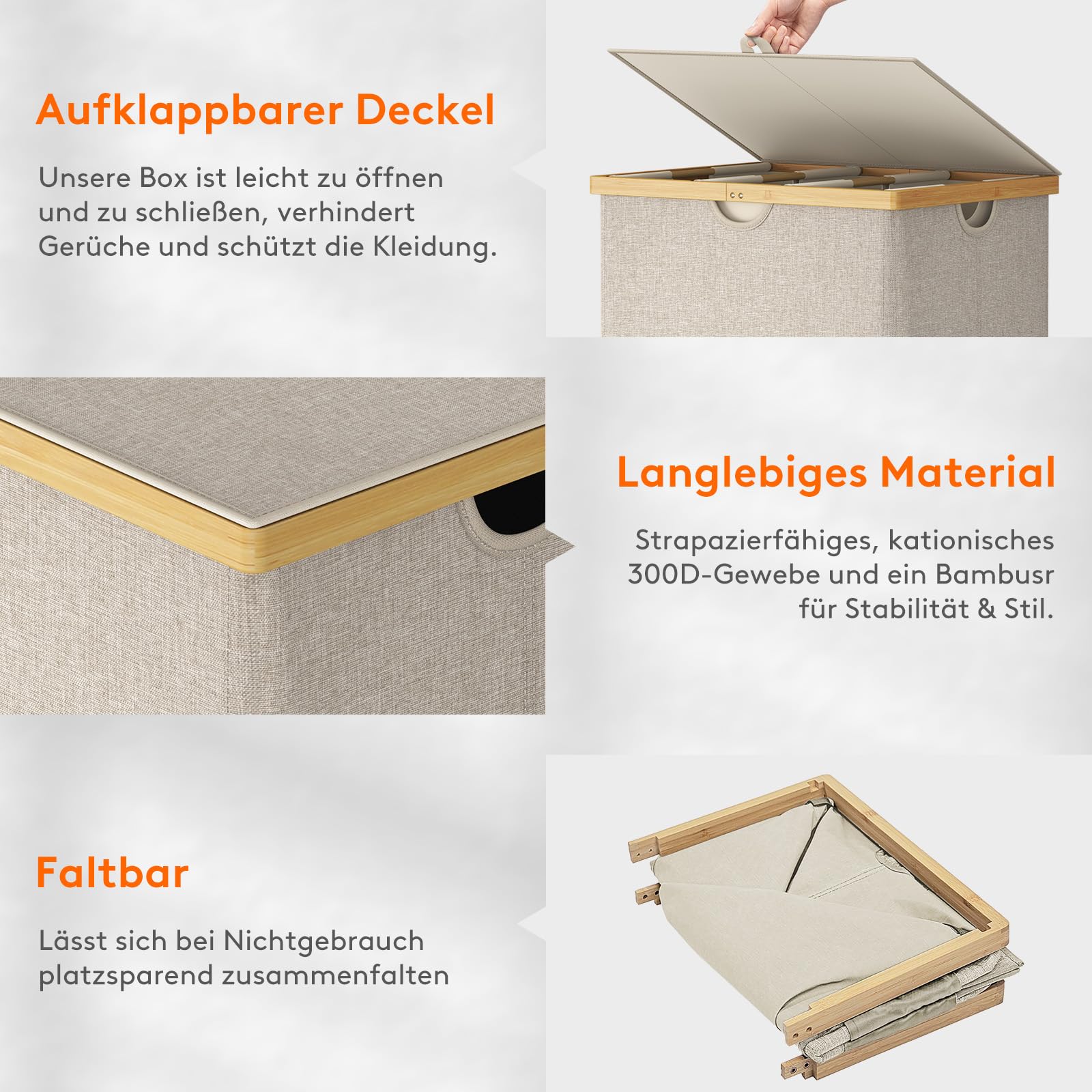 Lifewit 170L Bambus Wäschekorb mit Deckel, Faltbar Wäschesammler 3 Fächer Wäschesortierer mit Abnehmbarem Wäschesack Bambus Griffen Wäschebox Laundry Baskets für Waschküche, Schlafzimmer, Beige