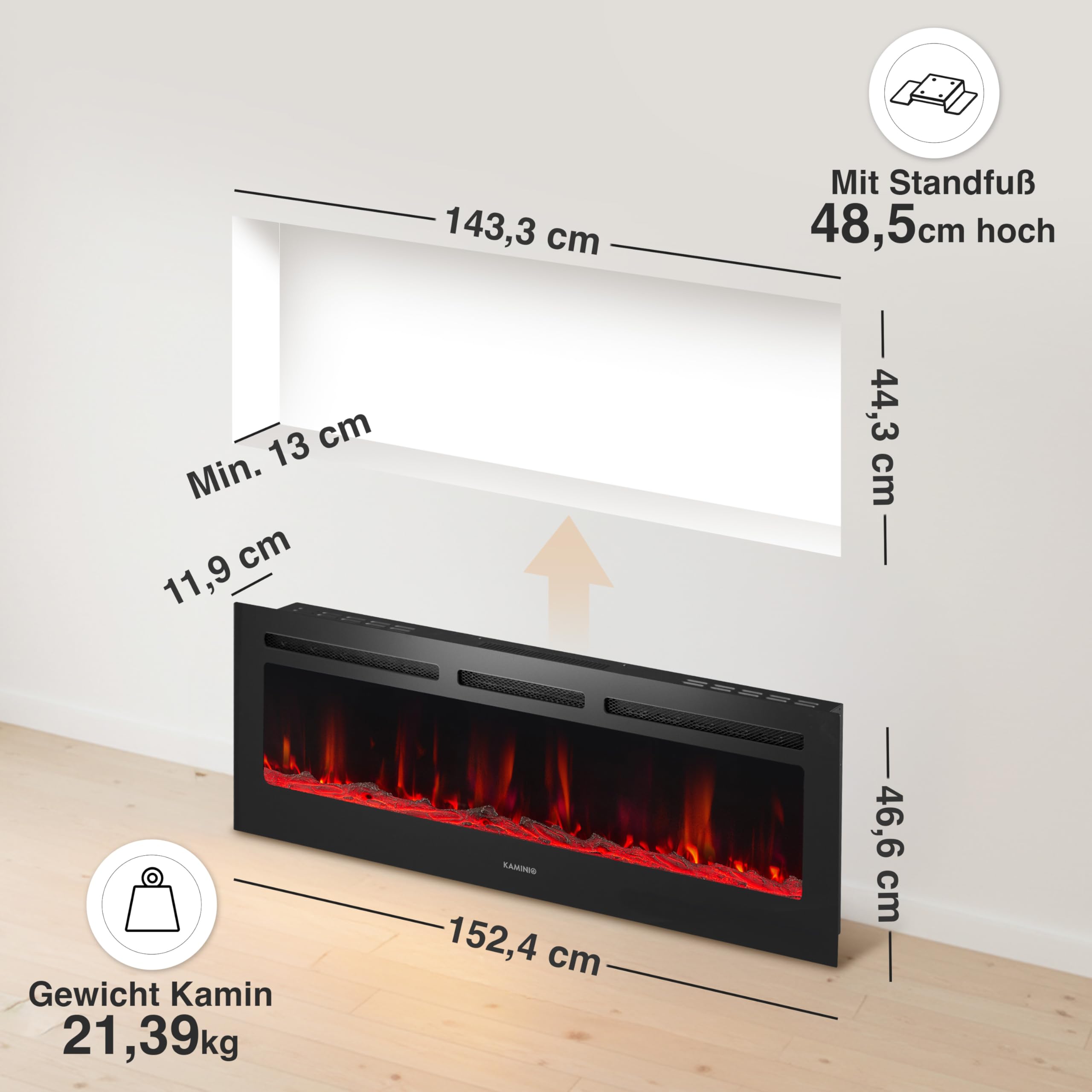 KAMINIO® Marlon PRO Elektrokamin mit Heizung [Stand, Einbau & Wand] | 3-in-1, elektrischer Kamin mit LED-Kaminfeuer in 12 Farben, Timer, Thermostat & Fernbedienung, inkl. Zubehör, schwarz