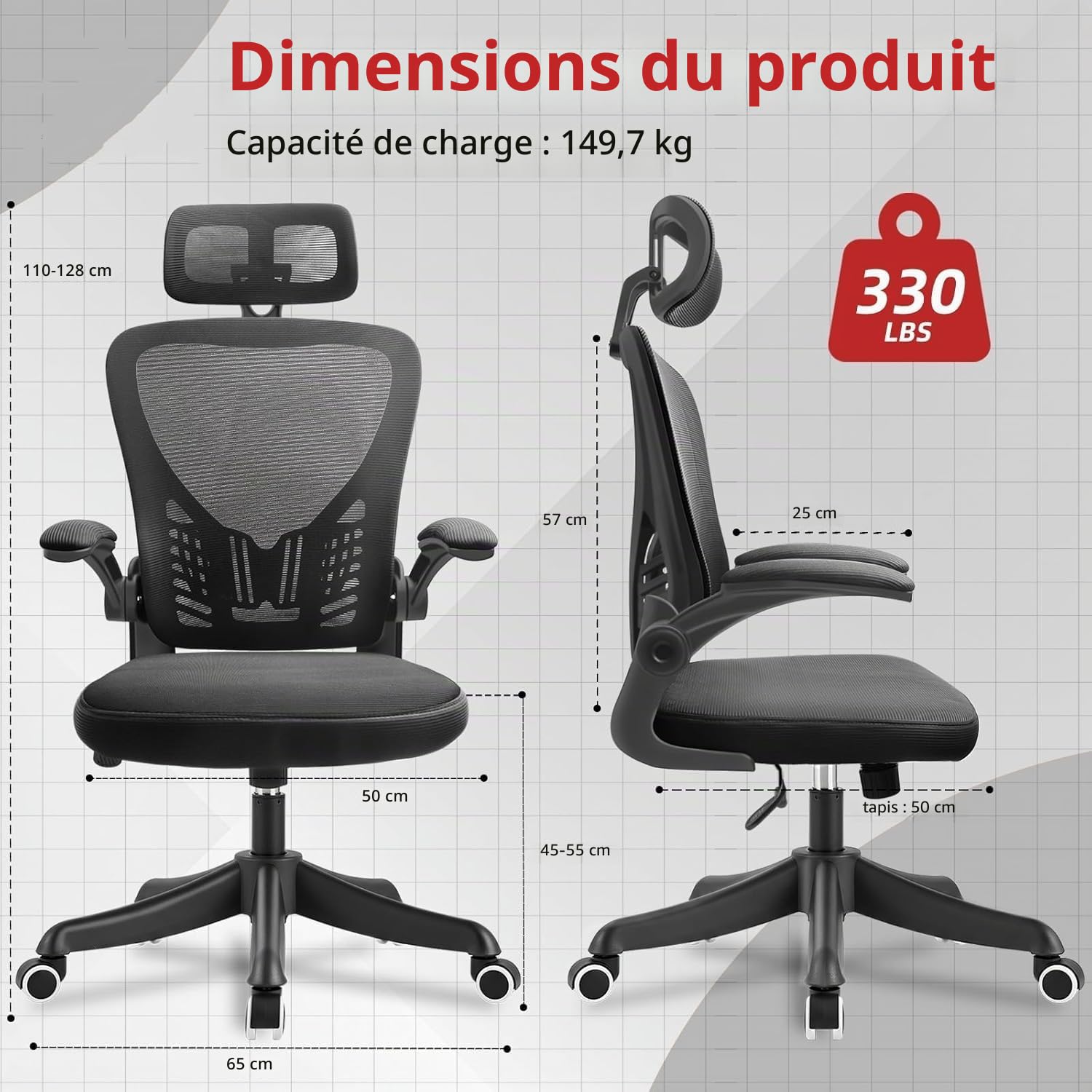 Chaise de Bureau Ergonomique avec appuie-tête et accoudoirs réglables, Support Lombaire, Dossier Respirant, Hauteur relevable et roulettes pour Bureau, Chambre ou étude