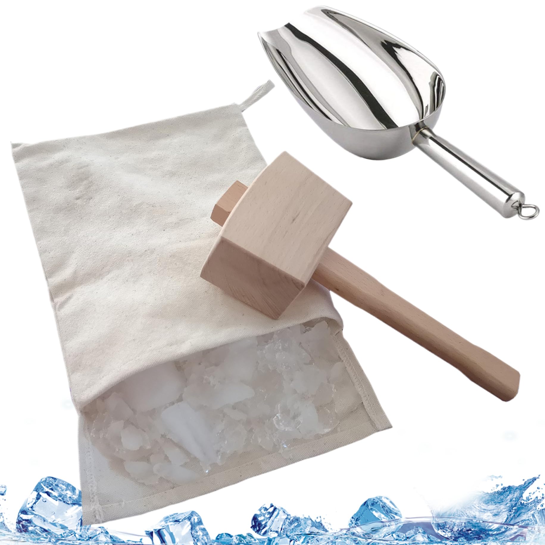 Trituradora de hielo manual con mazo de madera y bolsa de lona reutilizable para coctelería