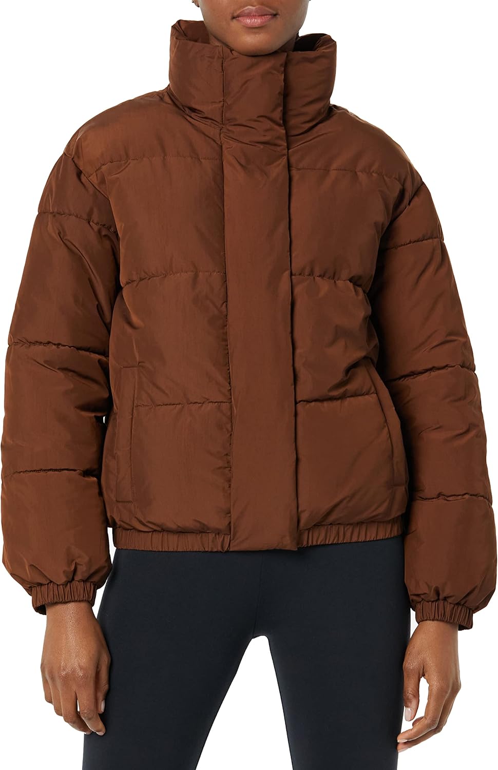 Amazon Essentials Women's Relaxed-Fit Mock-Neck Short Puffer Jacket (Available in Plus Size) (Previously Daily Ritual) XX-Large Deep Brown