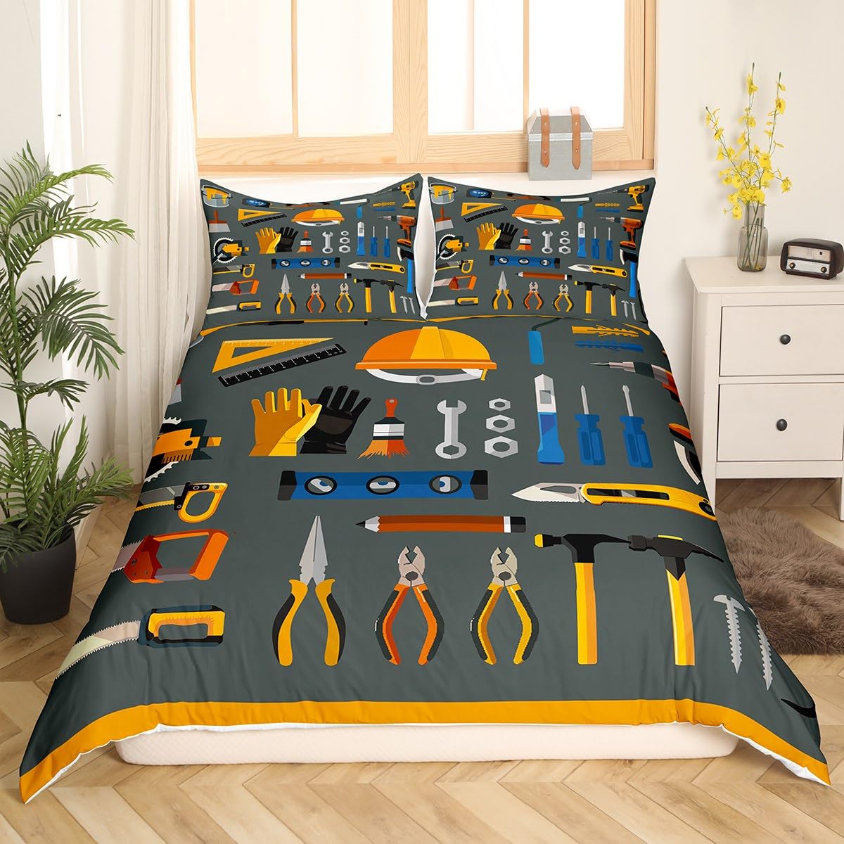 Worker Construction Hat Comforter Cover Full Brush Bedding Set Tool Box Duvet Cover for Boys GirlsBedspread Cover Room Decor Bedclothes 3pcs (1 Duvet Cover +2 Pillowcases)