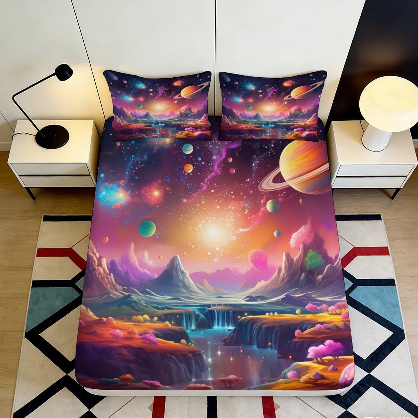 3D Printed Galaxy Starry Sky Fitted Sheet Microfiber Soft Colourful Cosmic Nebula Bed Sheet Bedroom Decor 90x200x25cm