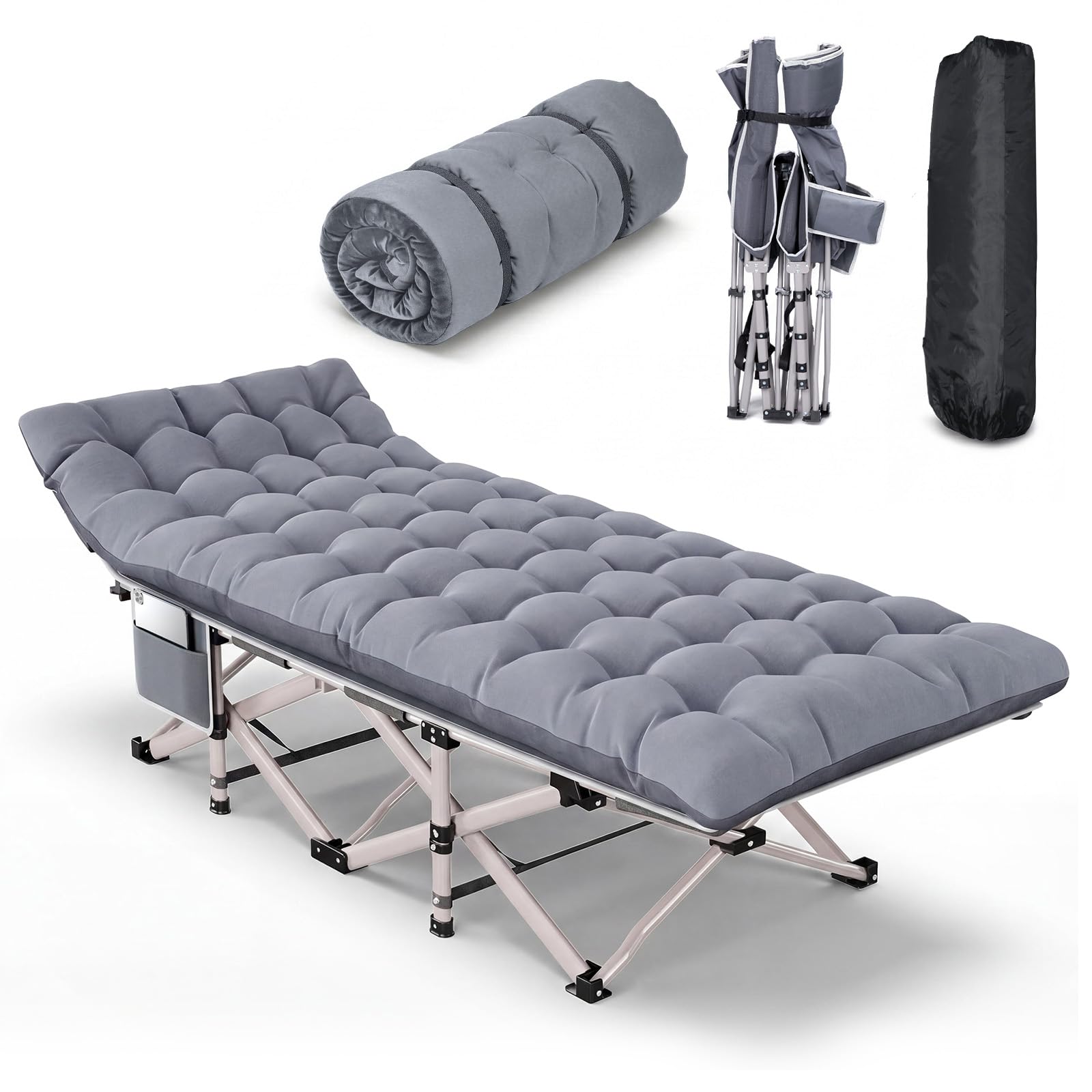 Lit de Camp Pliable avec Matelas Réversible 2 en 1 -Été et Hiver, Lit de Pliable Confortable Charge Jusqu'à 200Kg pour Camping, Les Voyages, la Maison, Jardin, Gris