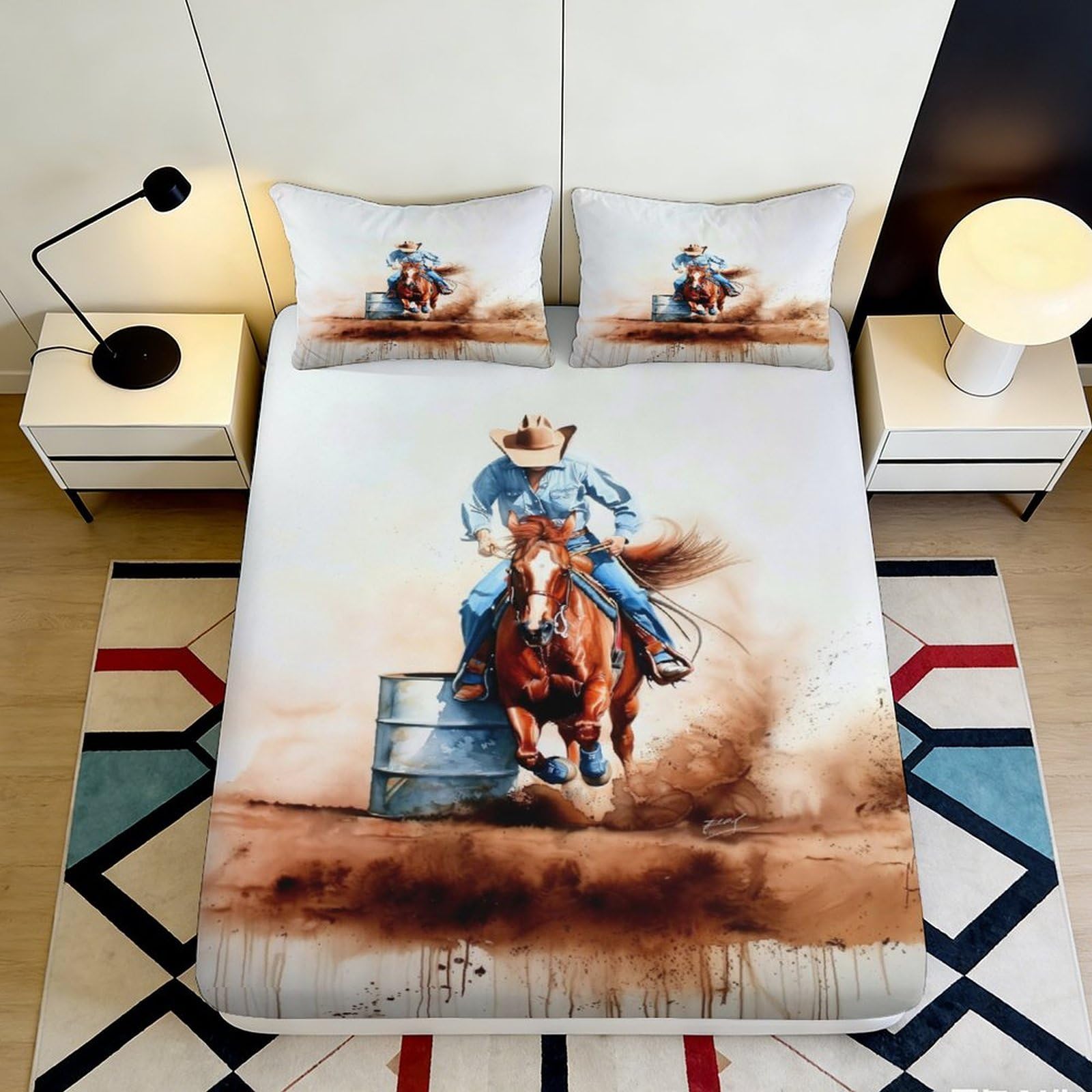 3D Printed Cowboy Rodeo Fitted Sheet Microfiber Soft Non-Slip Horse Barrel Racing Bed Cover Bedroom Decor 90x200x25cm