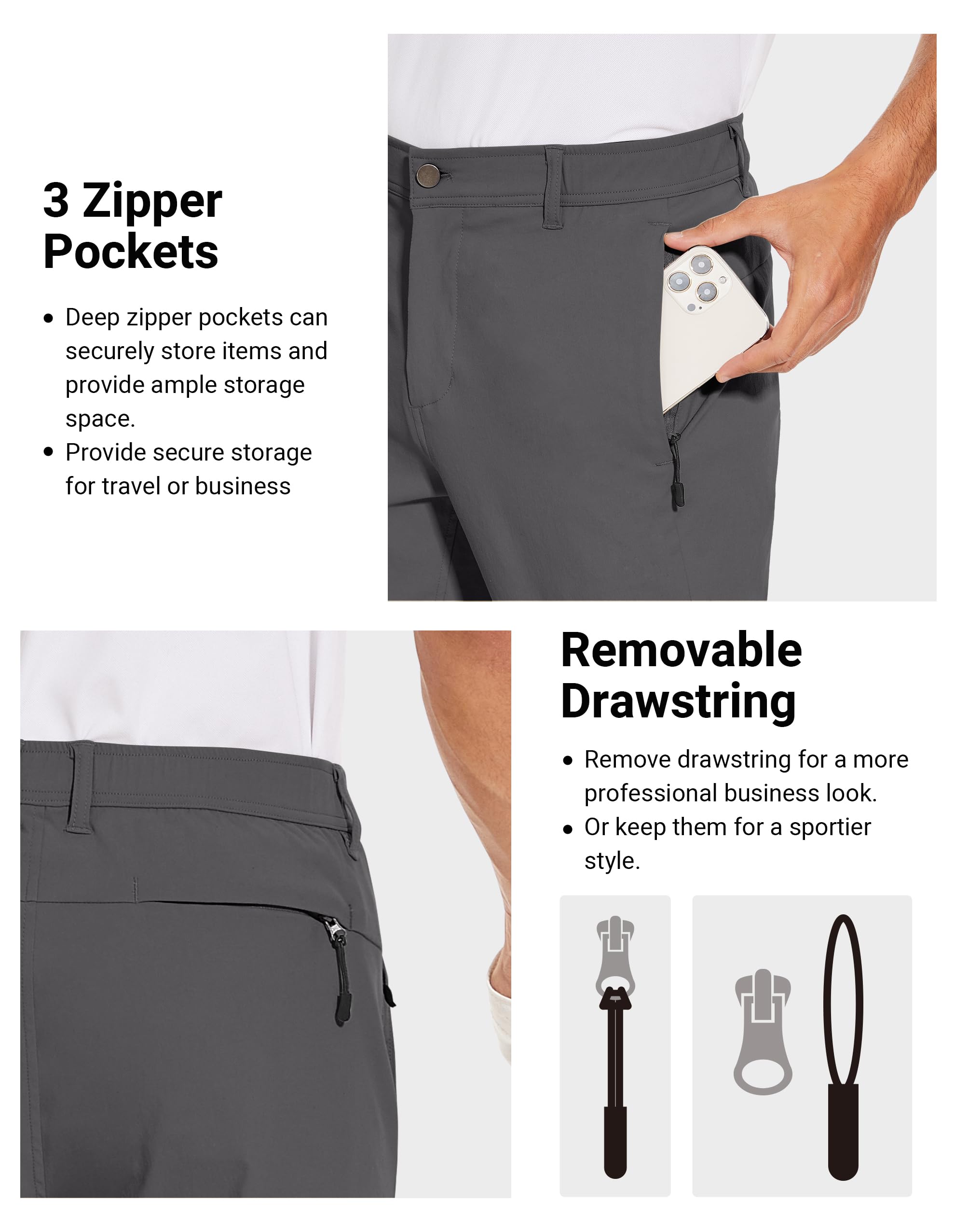 SPECIALMAGIC Pantalon de golf extensible imperméable pour homme 76,2 cm/81,3 cm | Pantalon de travail léger et confortable pour homme avec poches zippées