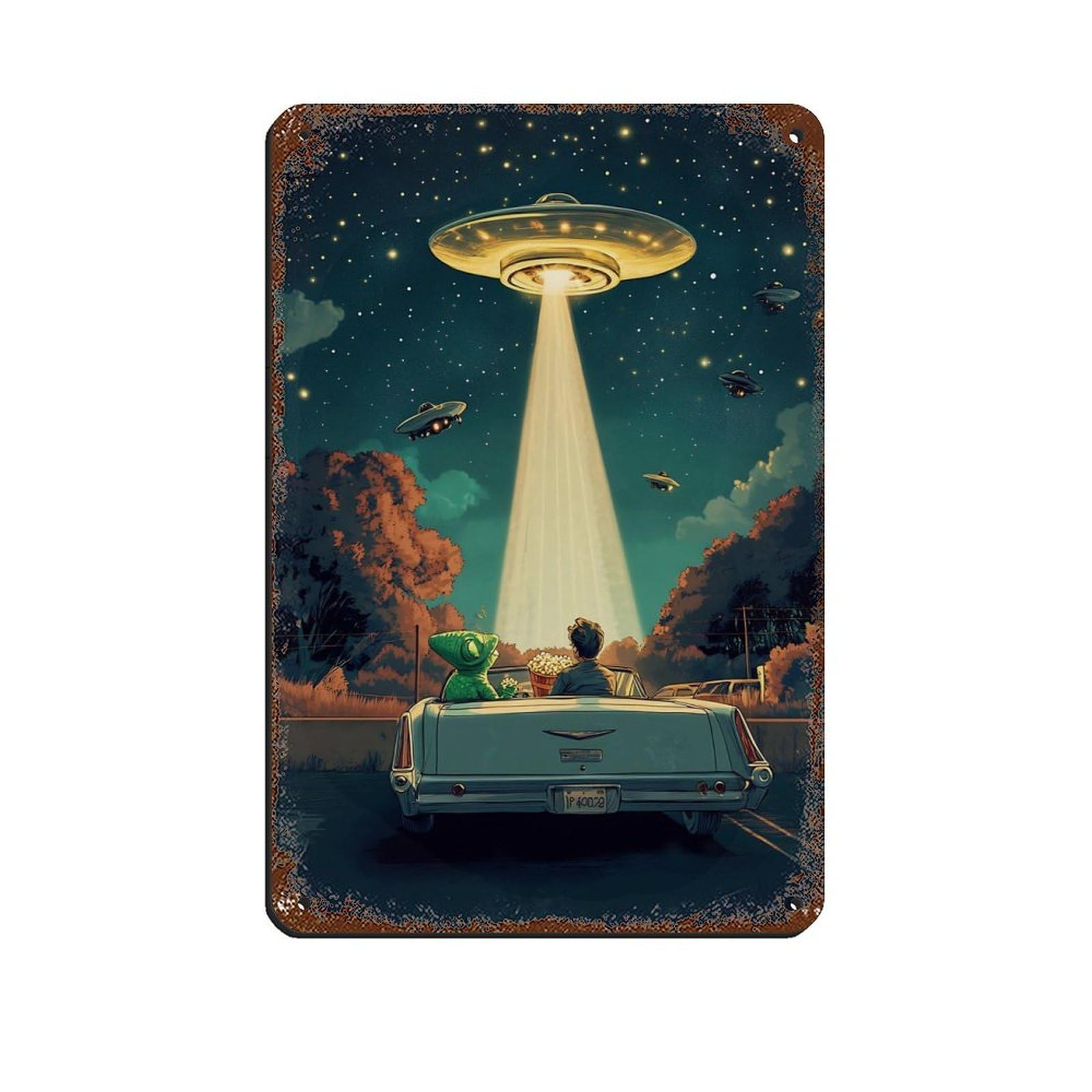 Surreal Alien Abduction Poster Retro Poster Metal Tin Sign Chic Art Retro Iron Painting Bar People Cave Cafe Family Garage Poster Wall Decoration 8x12inch(20x30cm)