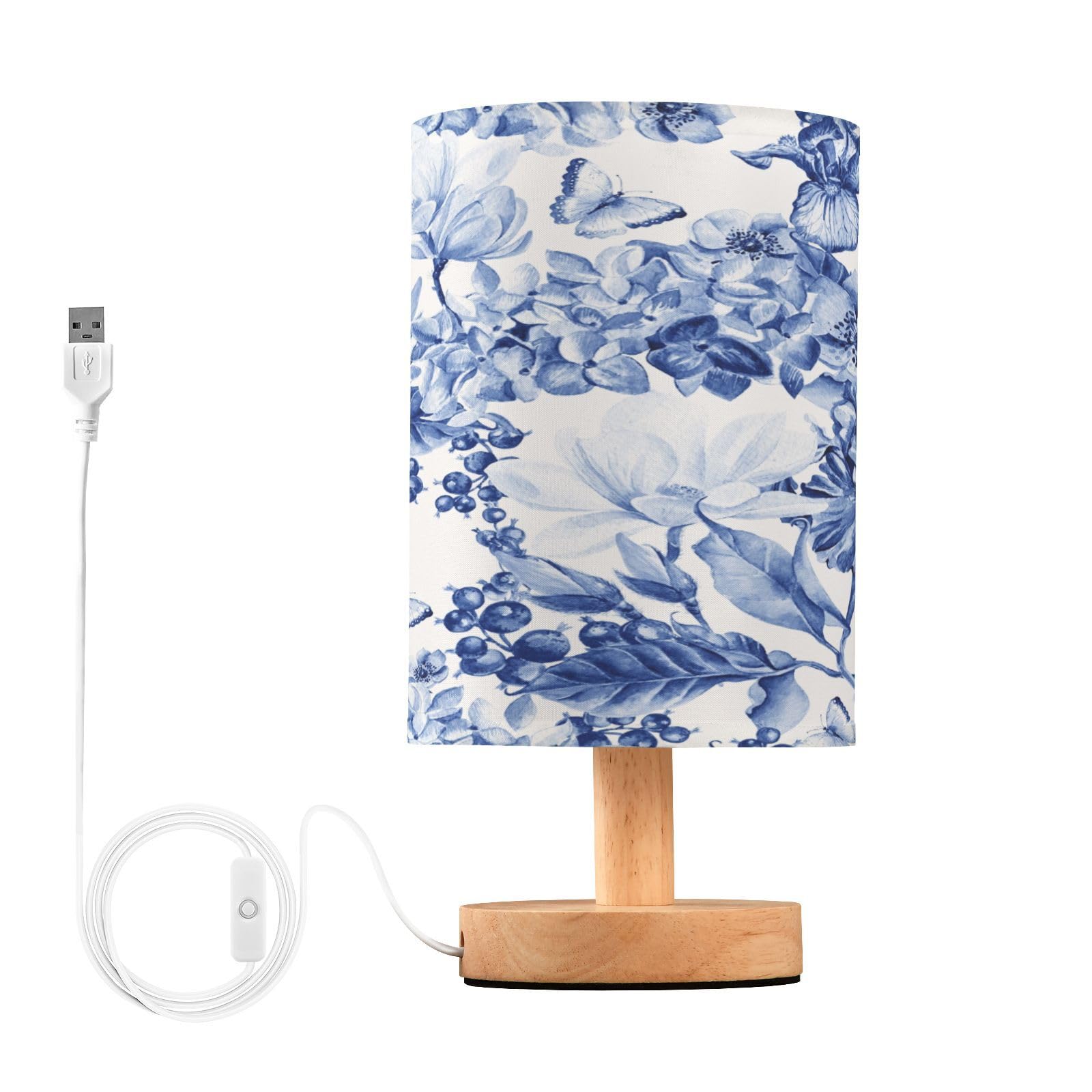 Mnsruu Bedside Table Lamps, Tatenale Floral China Blue USB Table Lamp for Bedroom, LED Light Bedroom Bedside Table Décor Night Lamp Warm White