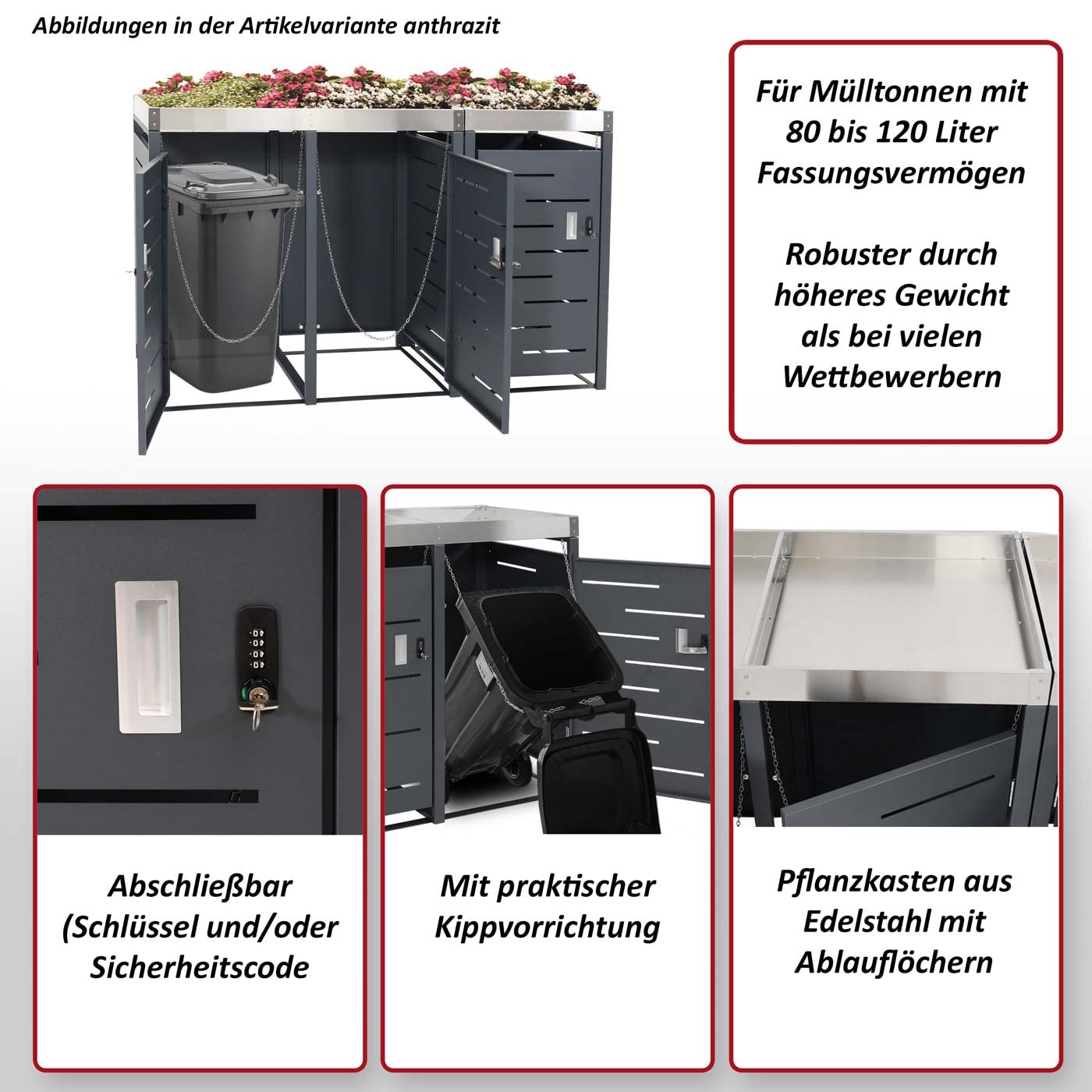 Habillage pour 3 poubelles HWC-H40b 63kg 110x175x62cm Extensible