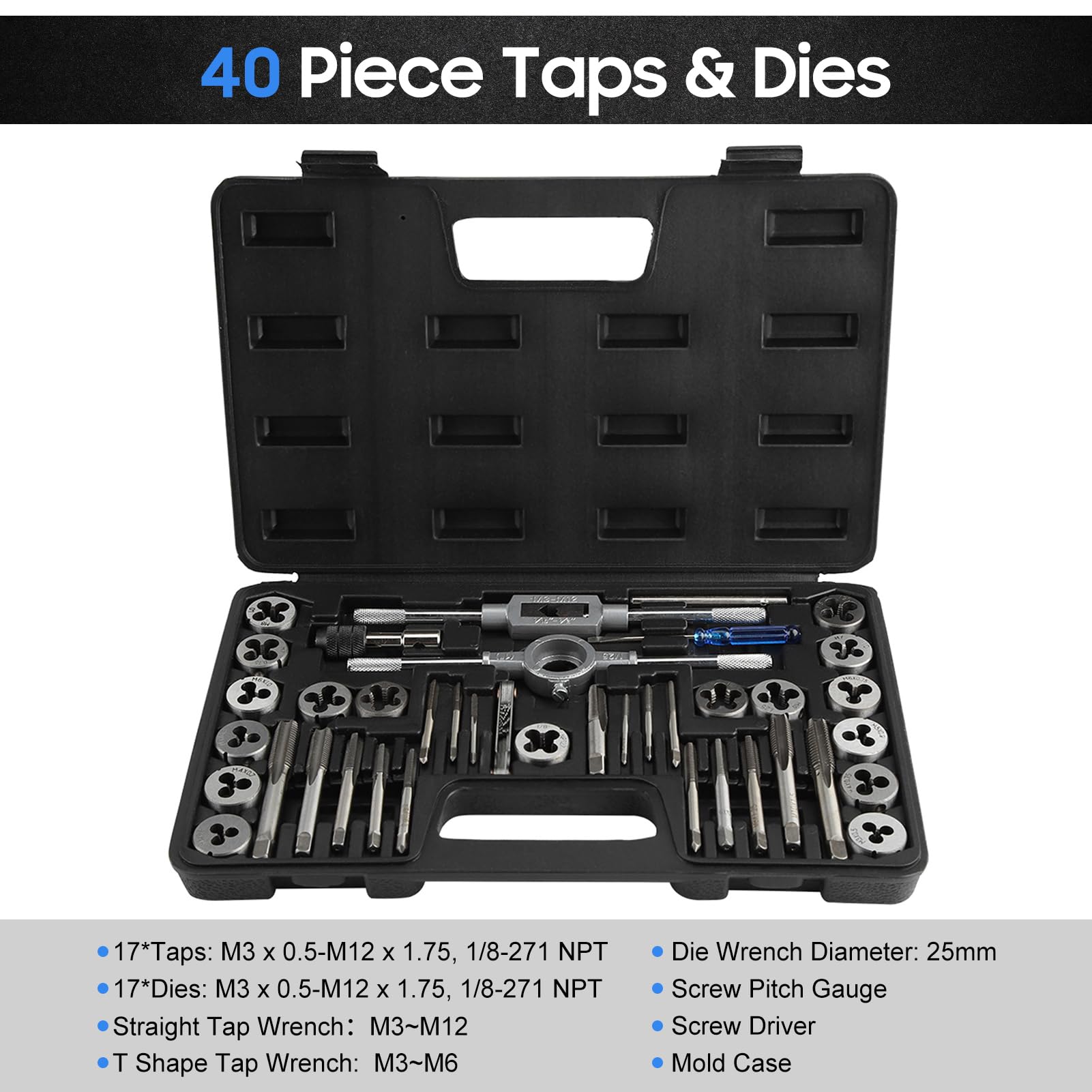 Cocoarm Caja de 40 Piezas M3 ~ M12 de roscas y alambres Surtidos, Juego de Machos de Roscar Terrajas y Machos Herramientas Profesionales para Roscar Llave de Rosca y Llave de Rosca, medidor de Rosca