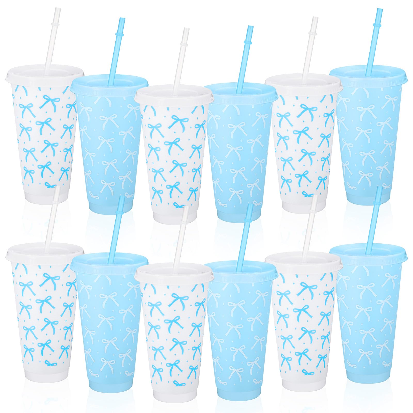 Pickmesh 12 Pcs 24 oz Blue Bow Plastic Cups with Lid and Straw Gift Coquette Bow Birthday Decorations Reusable Party Cups Tumbler Water Bottle Gift