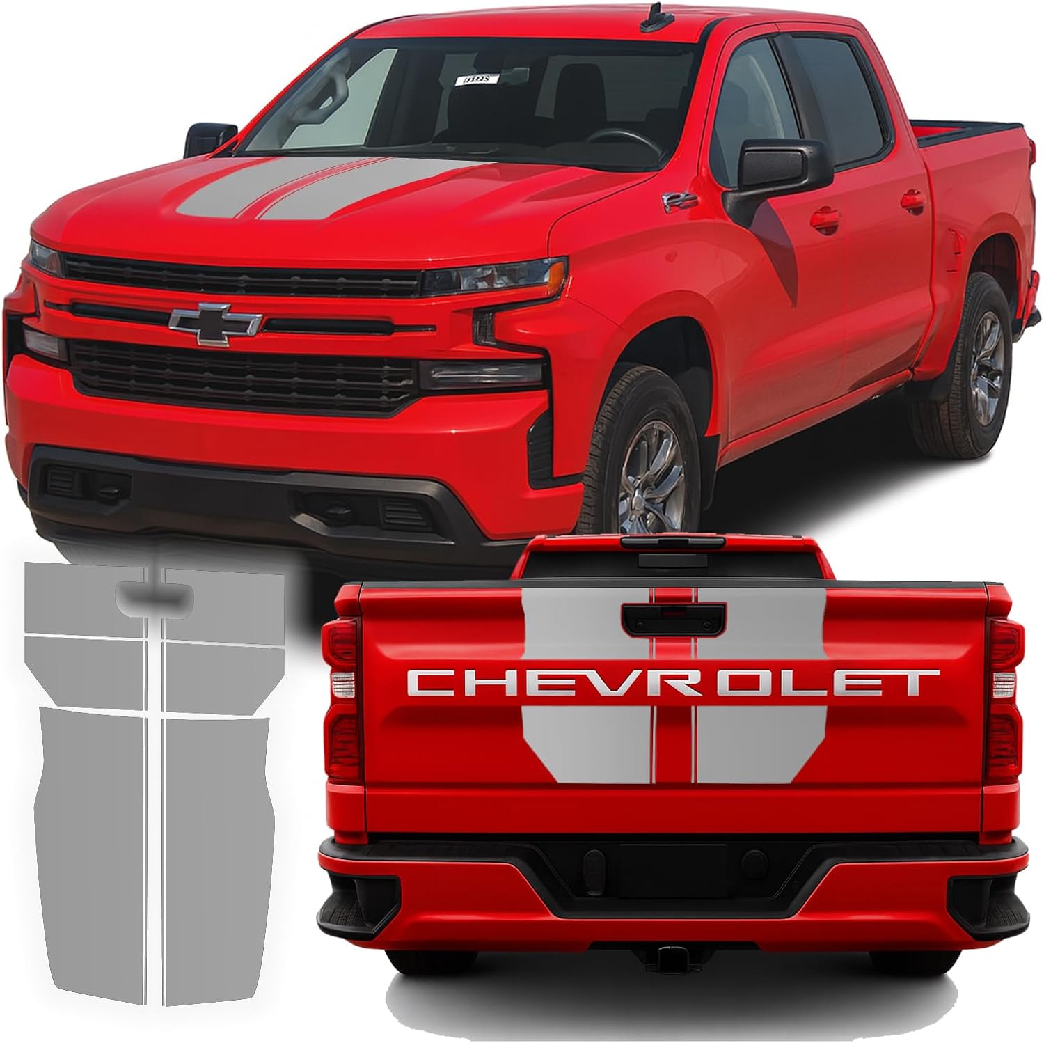 Hood Tailgate Rally Racing Stripes Graphics - Fits 2019-2025 Chevy Silverado 1500 - Vinyl Sticker Decal Kit Graphics (Matte Black)