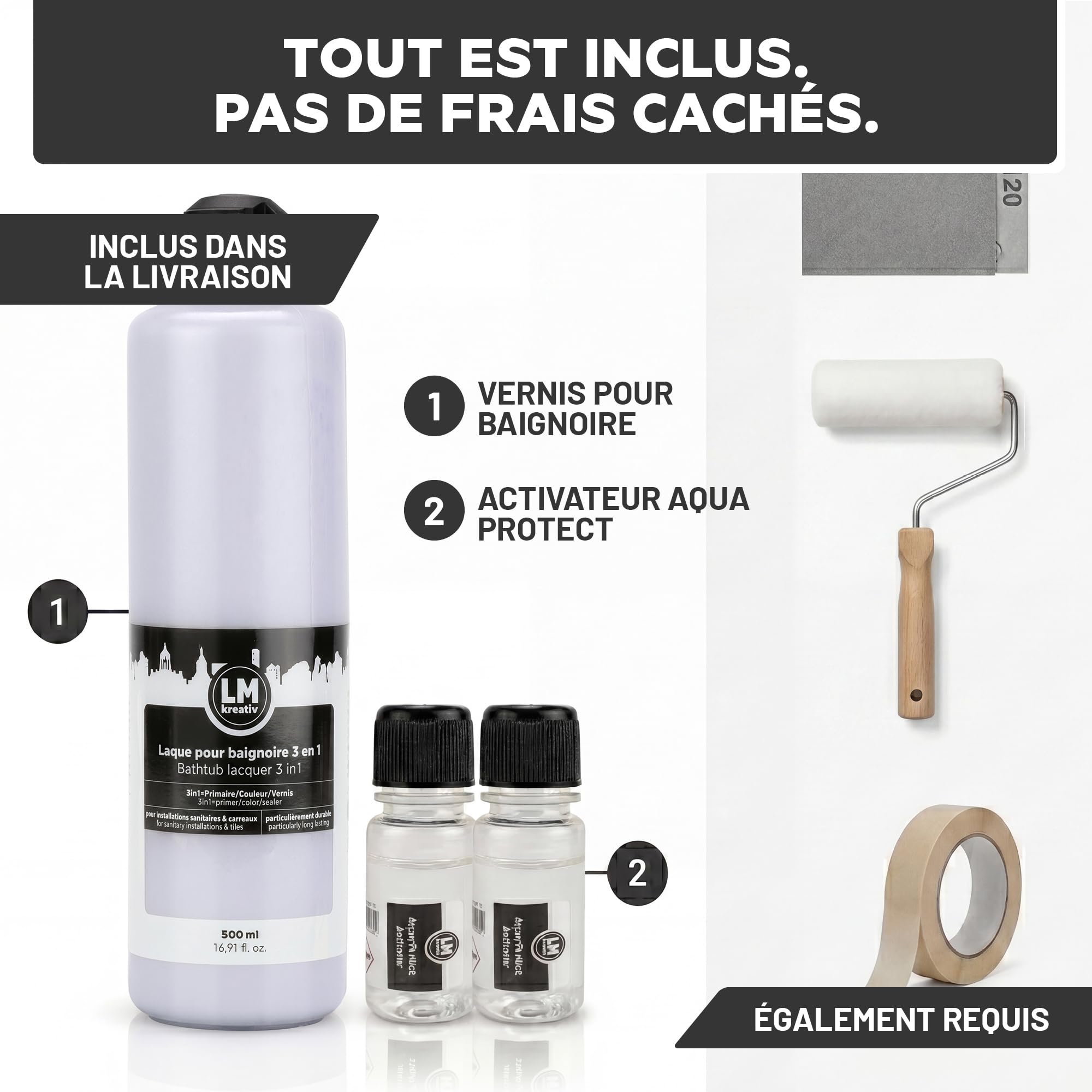LM-Kreativ Peinture Baignoire 2K 500 ml - Noir Charbon - Peinture Carrelage Salle de Bain 3 en 1 pour Baignoire, Receveur de Douche et Lavabo