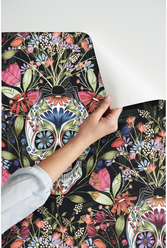 Spoonflower Peel & Stick Wallpaper 3ft x 2ft - Spooky Elegance Floral Skull Illustration Halloween Sugar La Dia De Los Muertos Custom Removable Wallpaper