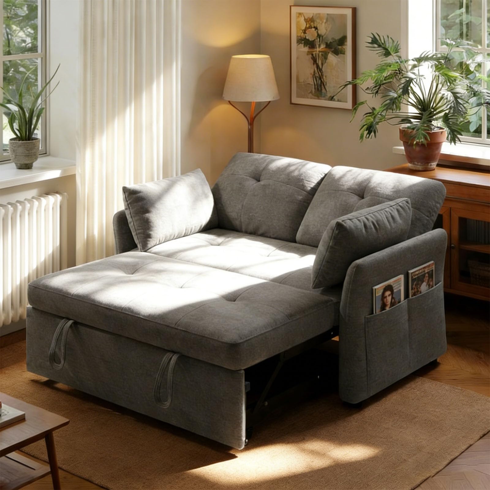 3-in-1 Schlafsofa mit 5-stufig Verstellbarer Rückenlehne, Schlafcouch mit 2X Kissen und 2X Seitentasche,Graues Leinen 2 sitzer Sofa für Gästezimmer & Kleine Räume