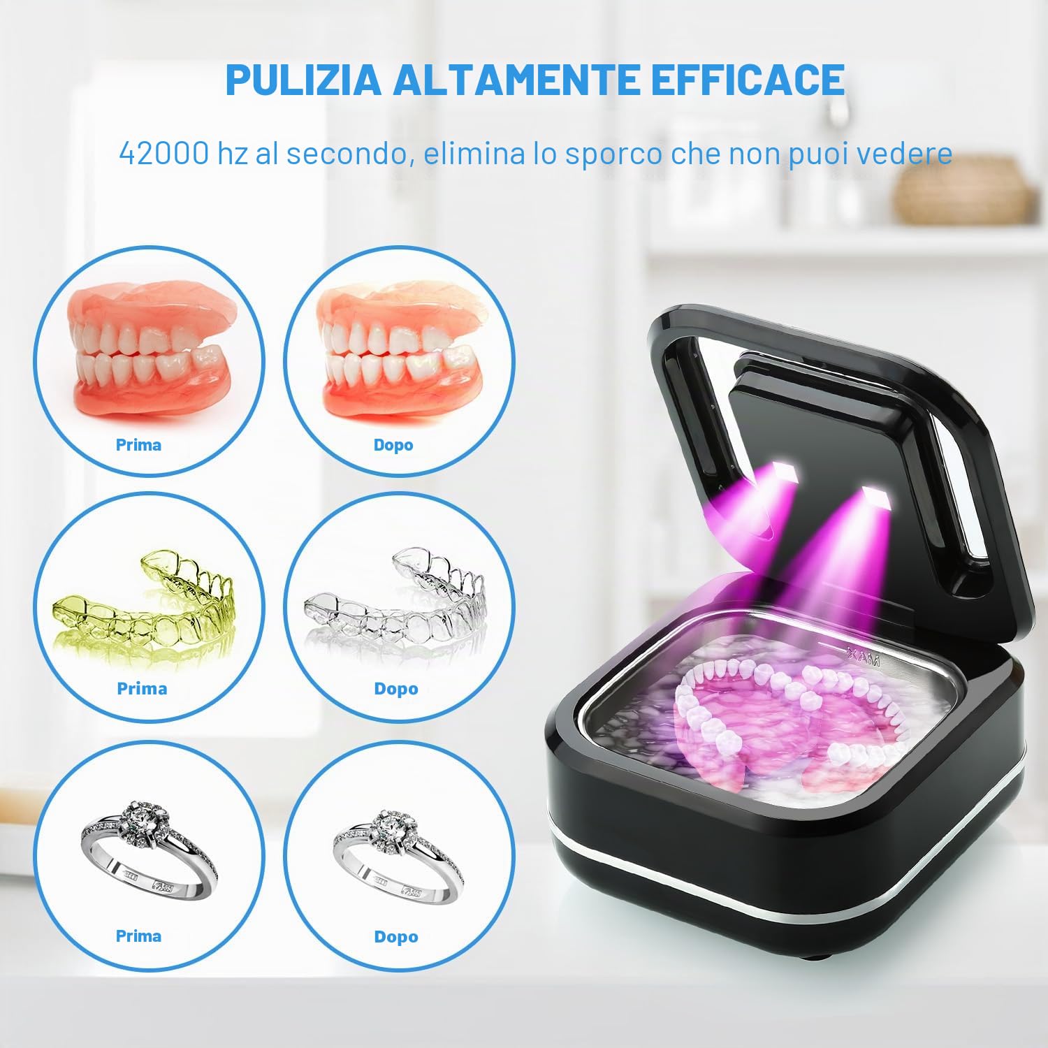 Pulitore a Ultrasuoni 42kHz 180ml per Protesi, Apparecchi e Mantenitori | 2 Modalità (180/360s) + UV, Acciaio Inox 304, Display – Regalo Ideale per Portatori di Protesi, Apparecchi e Gioielli