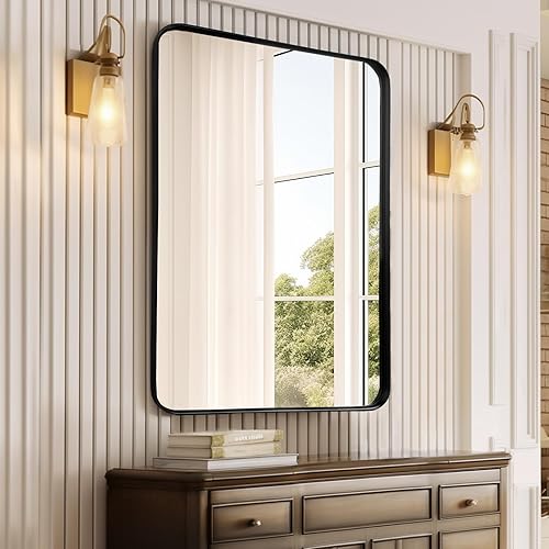Miniatura 6 de Fabuday Espejo de baño negro de 24 x 36 pulgadas, espejo de pared rectangular con marco mate, espejo de esquina redonda, modernos y grandes espejos