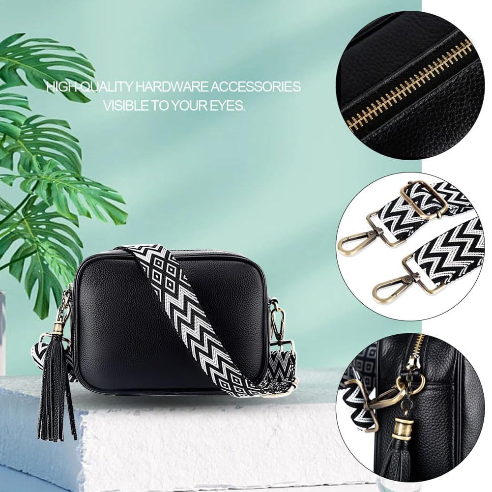 Leathario Borsa a Tracolla in Vera Pelle da Donna Piccola, Borsello a Spalla Donna con 2 Cinturini, Tracolla Larga Decorata e Tracolla a Catena Elegante Nero