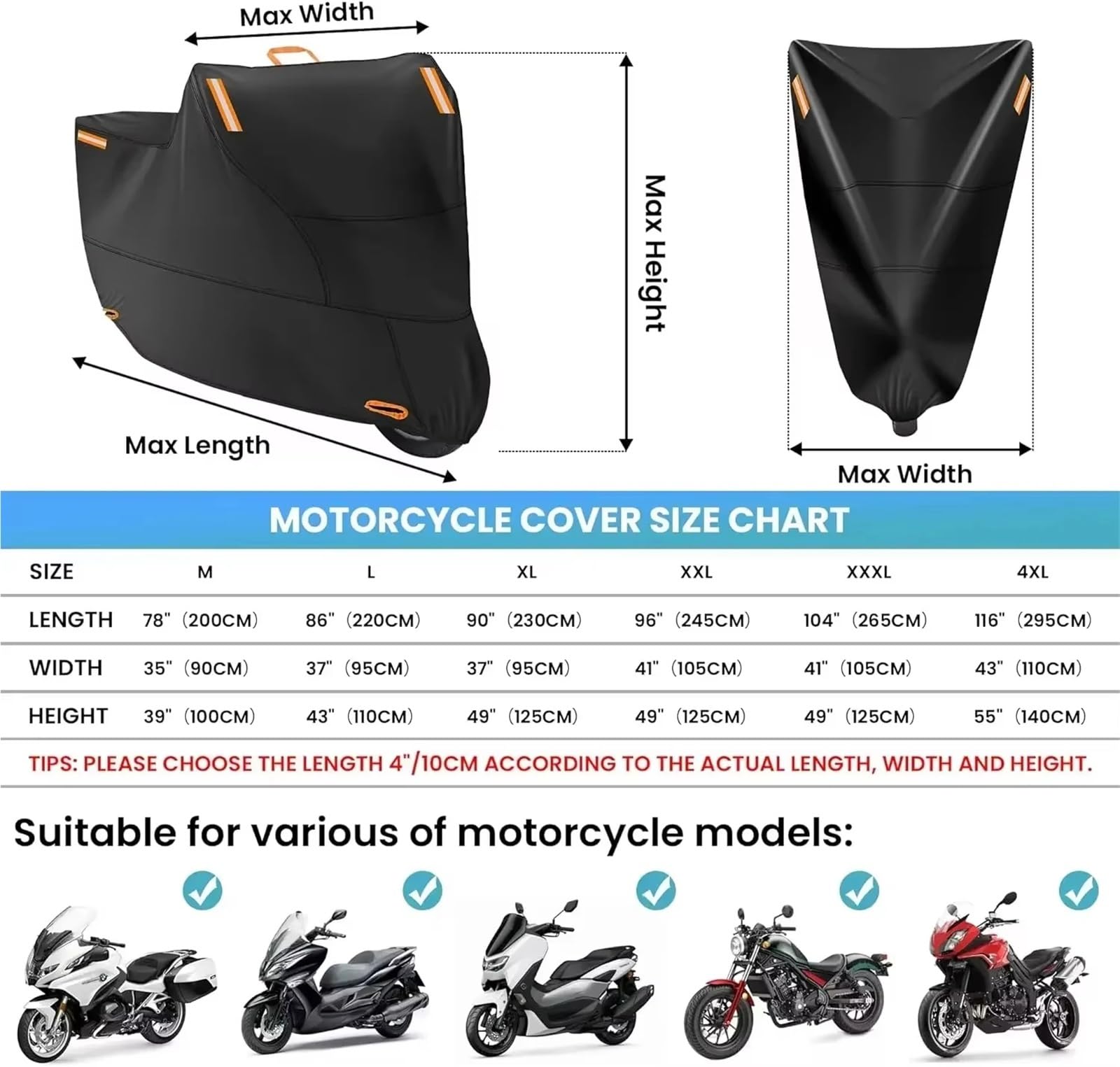 Housse de protection universelle en tissu Oxford 300D pour moto - Protection contre la poussière, la neige, la pluie et les UV (MCZ300D-Noir-XXXXL)