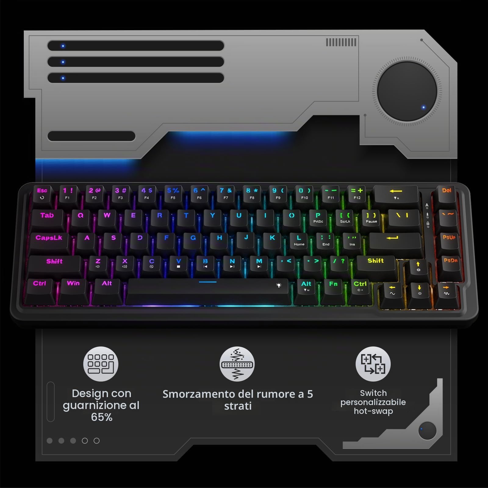 Redragon K709 Tastiera da Gioco RGB Cablate 65%, Meccanica Hot-Swap 68 Tasti, Smorzamento Rumore a 3 Strati, US Layout