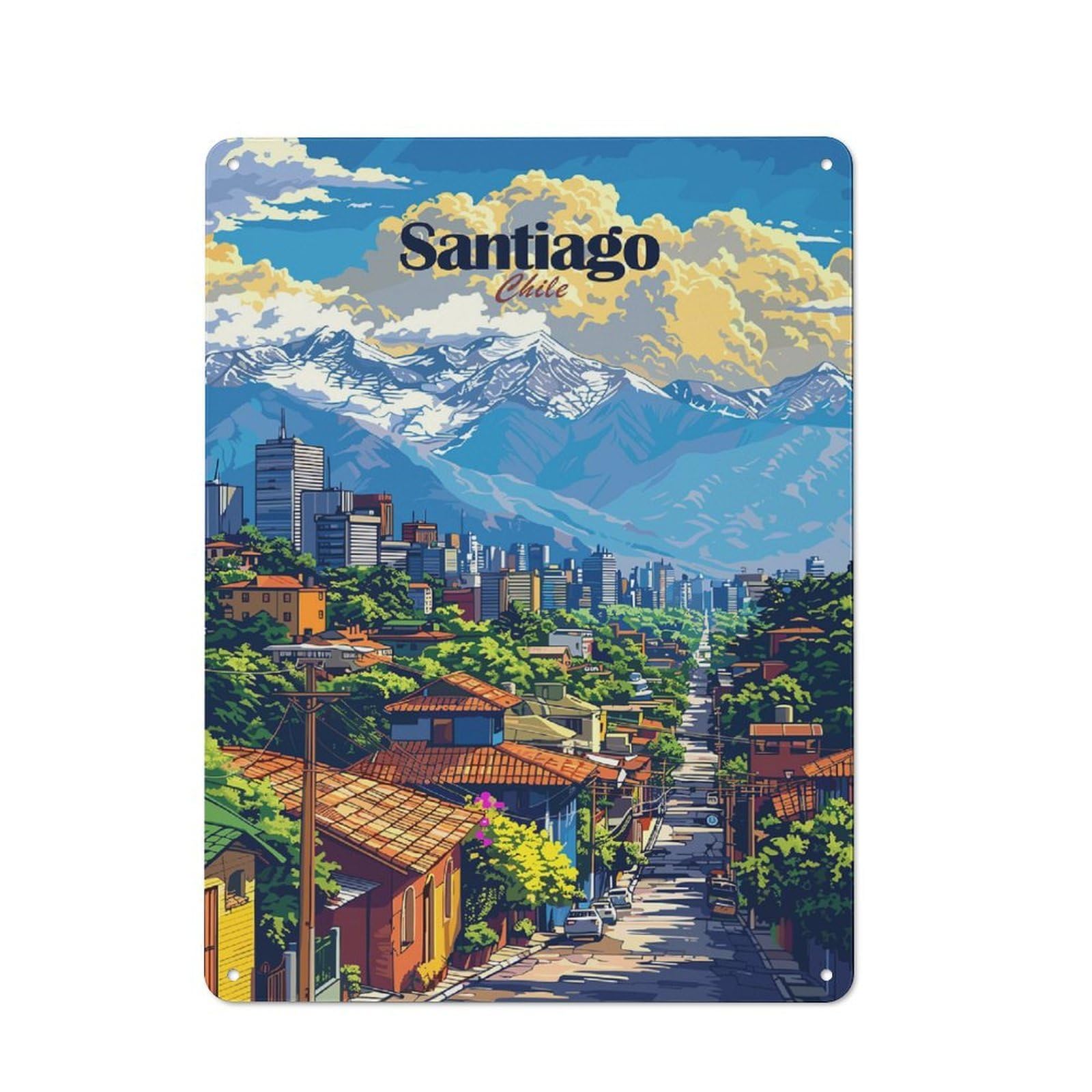 Santiago Chile Cityscape Illustration Country Metal Wall Decor 40x30cm, Decorative Tin Sign for Farmhouse Kitchen, Pantry Or Dining Area