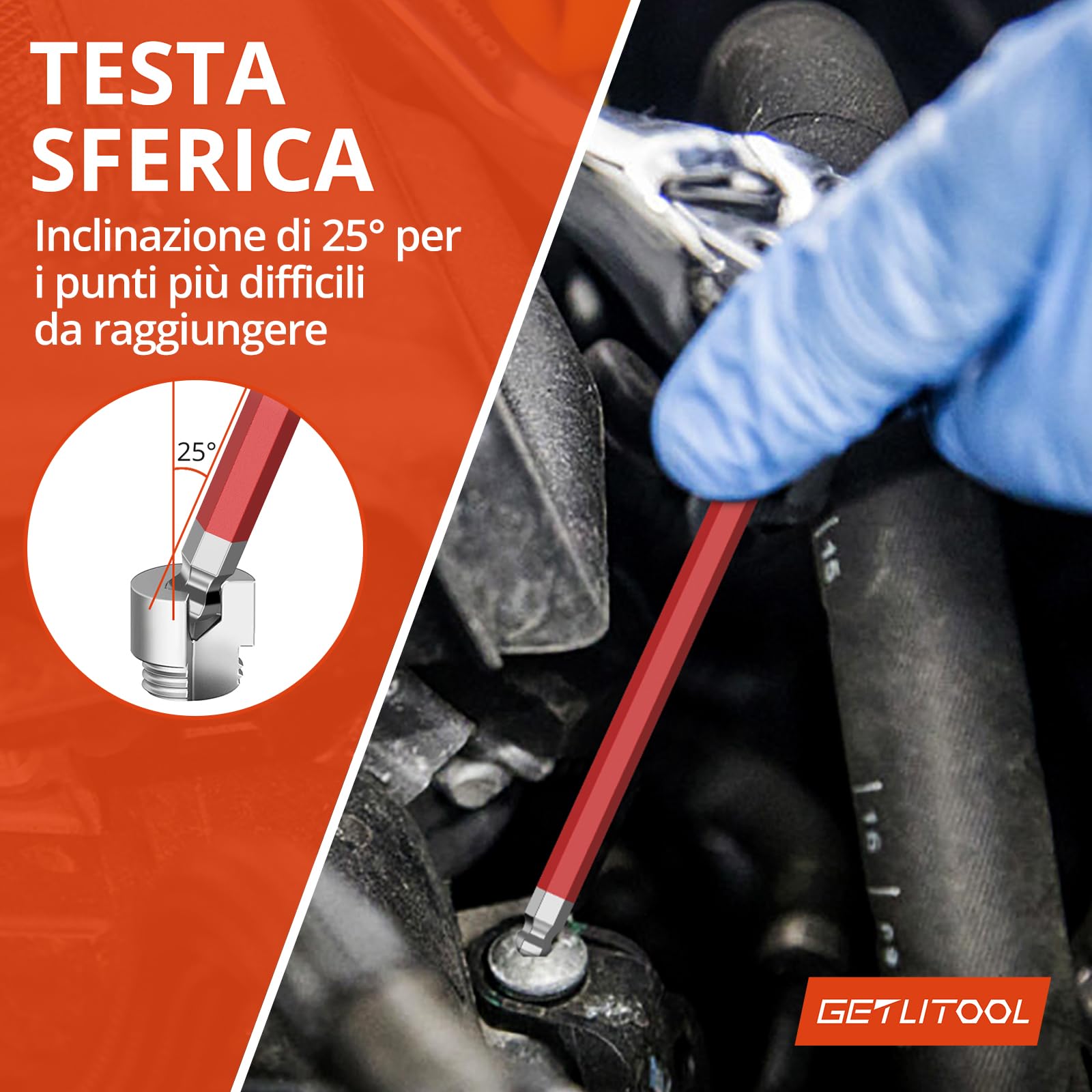 GETLITOOL Set 18PZ Chiave a Brugola Magnetica con Testa Sfera Metrica/Pollici in Acciaio S2 18X Chiavi Esagonali a T Extra Lunga Diametro 1.5-10mm 1/16''-3/8''inch + Maniglia di Coppia - Rosso