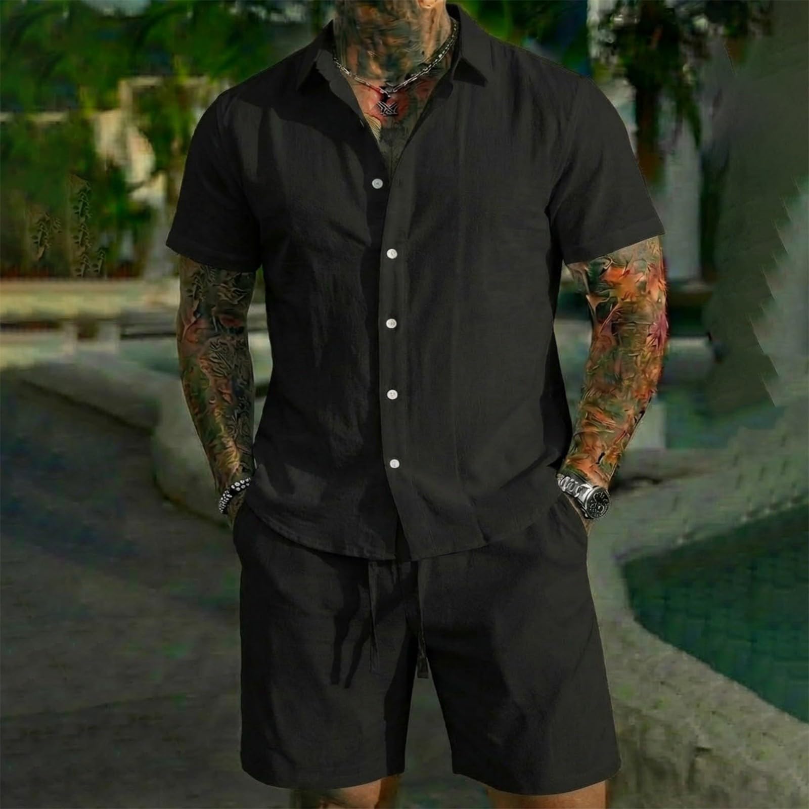 Conjunto de camisa y pantalones cortos de algodón y lino para hombre, conjunto de 2 piezas, ropa casual de verano, vacaciones, playa, boda, trajes de manga corta con botones y pantalones cortos