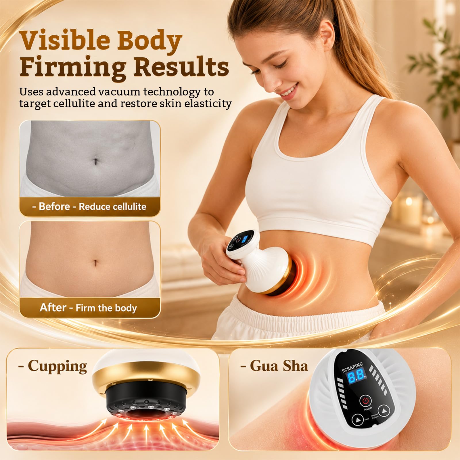 Masajeador anticelulítico 4-en-1, 6 Niveles de succión y 6 de Calor, Ventosa eléctrica con tecnología Gua Sha, promueve la circulación, Dispositivo de Celulitis portátil para Todo el Cuerpo
