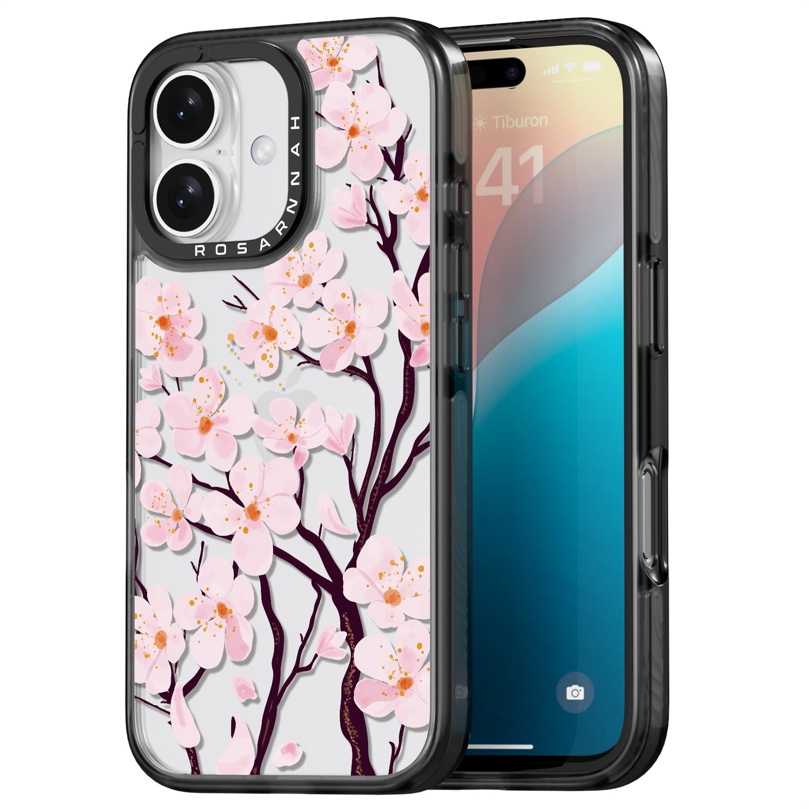 Rosarnnah Compatible for iPhone 16 Case Cute - Durable Shockproof 6.6 ft Drop Impact Phone Case - Black Funny Cherry Blossom Design for iPhone 16 6.1"