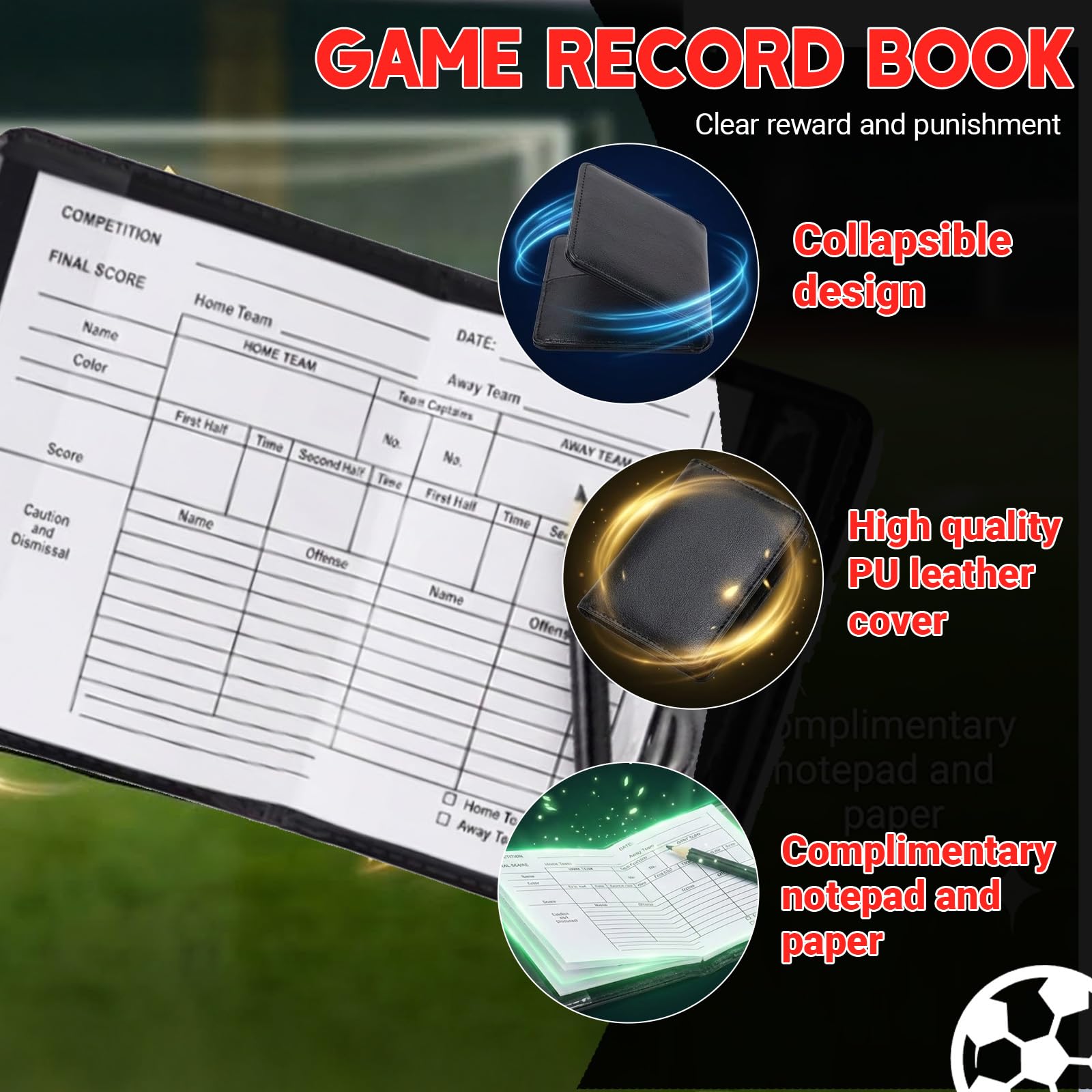 Kit de Árbitro de Fútbol con 4Tarjetas Roja y Amarilla, 2 Silbatos de Metal, 2 Lápiz y Cuaderno, Accesorios de Arbitraje Deportivo Profesional