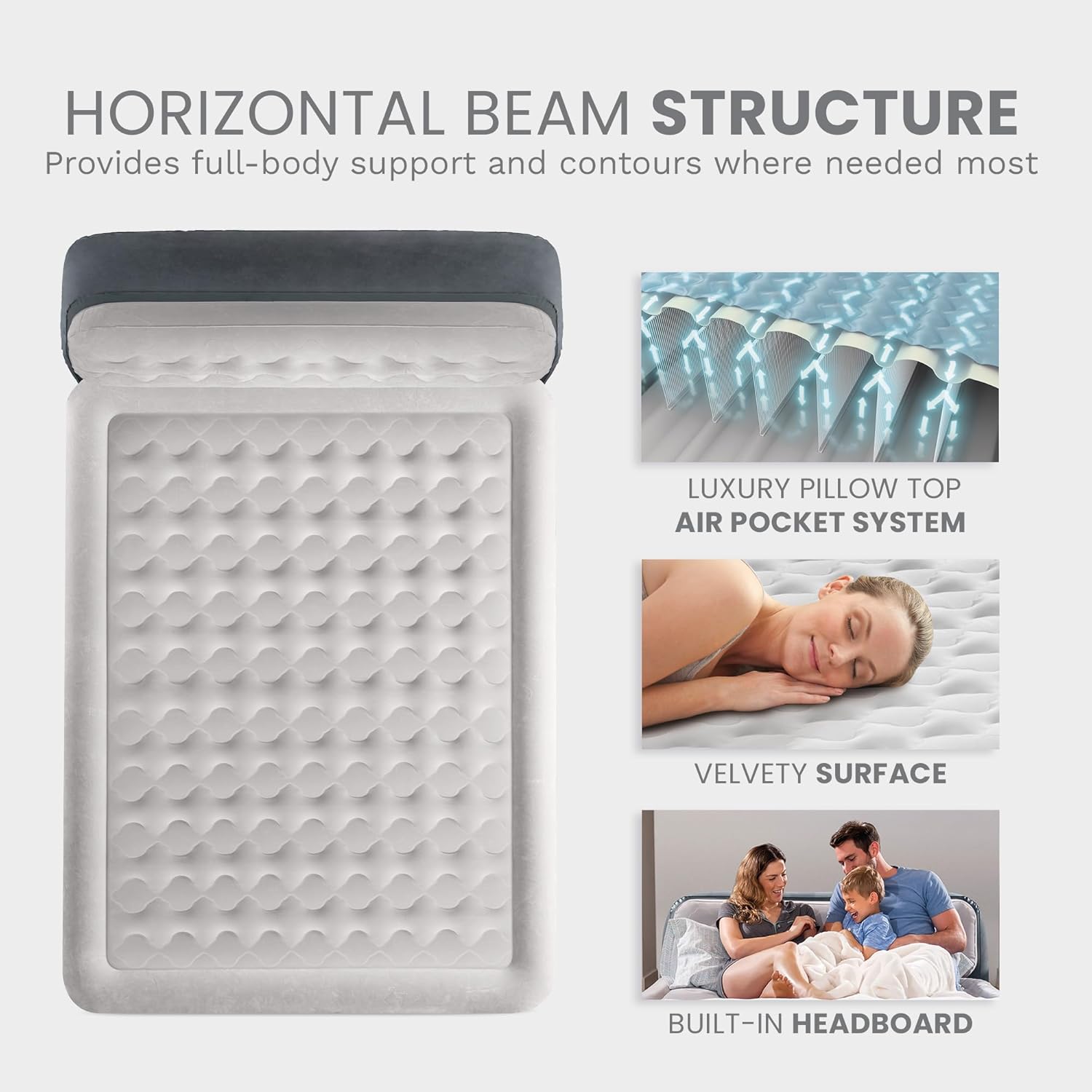 Intex 64447ED Dura-Beam Deluxe Ultra Plush Air Mattress with Headboard: Fiber-Tech – Queen Size – Built-in Electric Pump – 18in Bed Height – 600lb Weight Capacity