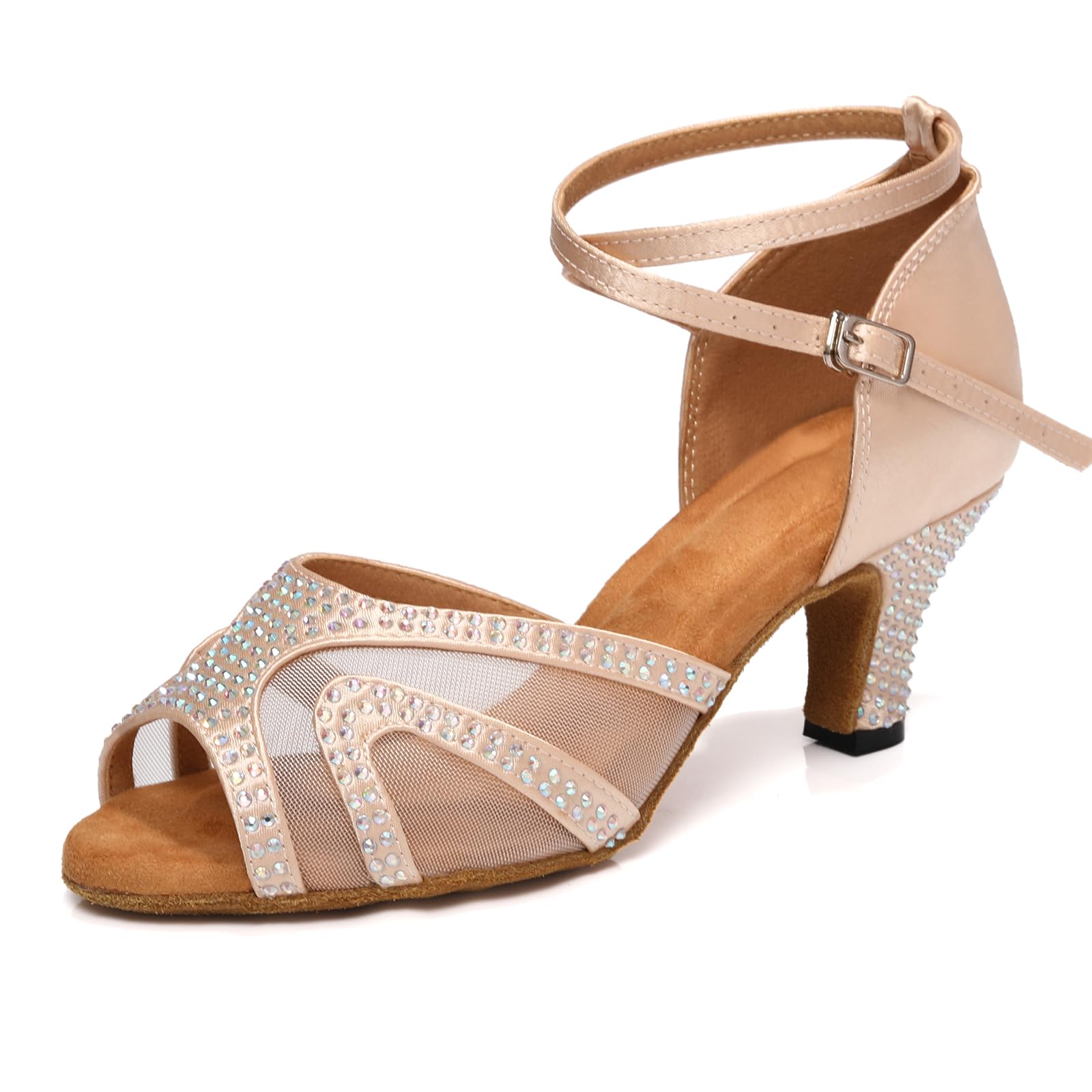 ZYXWVU Women's Latin Dance Shoes Rhinestones Satin Ballroom Salsa Bachata Professional Performance,D53-Beige-2 1/3 inches Heel,7.5 US