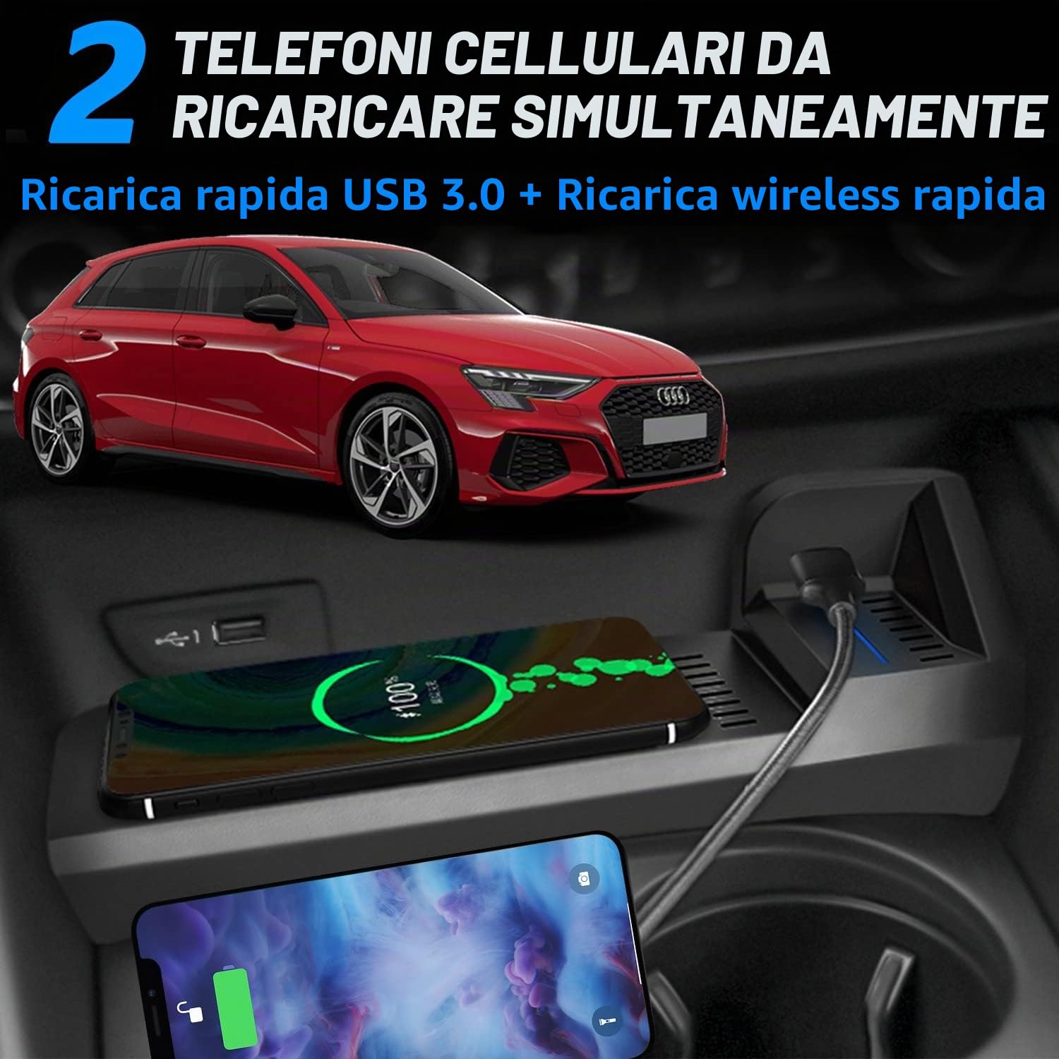 Caricabatteria da Auto Wireless per Audi A3 S3 RS3 2014 2015 2016 2017 2018 2019 2020, 15W Rapida Ricarica Telefono Pad per Audi A3 Console Centrale Accessori, Regalo per Audi Possessori