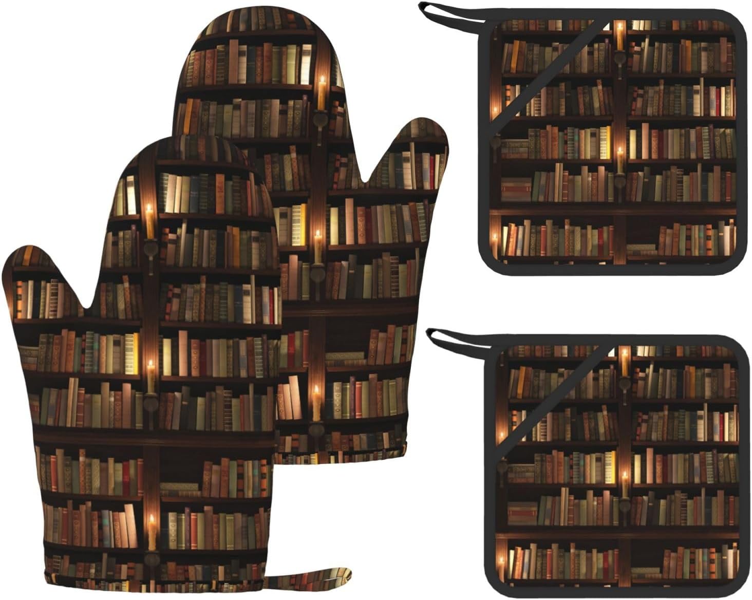 Library Bookshelf Book Oven Mitts and Pot Holders Set of 4 Heat Resistant Kitchen Gloves with Silicone Palm Hot Pads for Baking Cooking Grilling BBQ