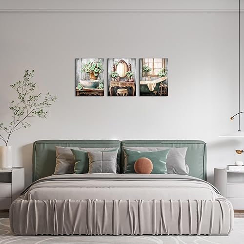 Miniatura 3 de iHAPPYWALL 3 piezas de decoración de baño, arte de pared para bañera, lavabo y tocador, pintura floral verde, decoración de pared de baño, arte