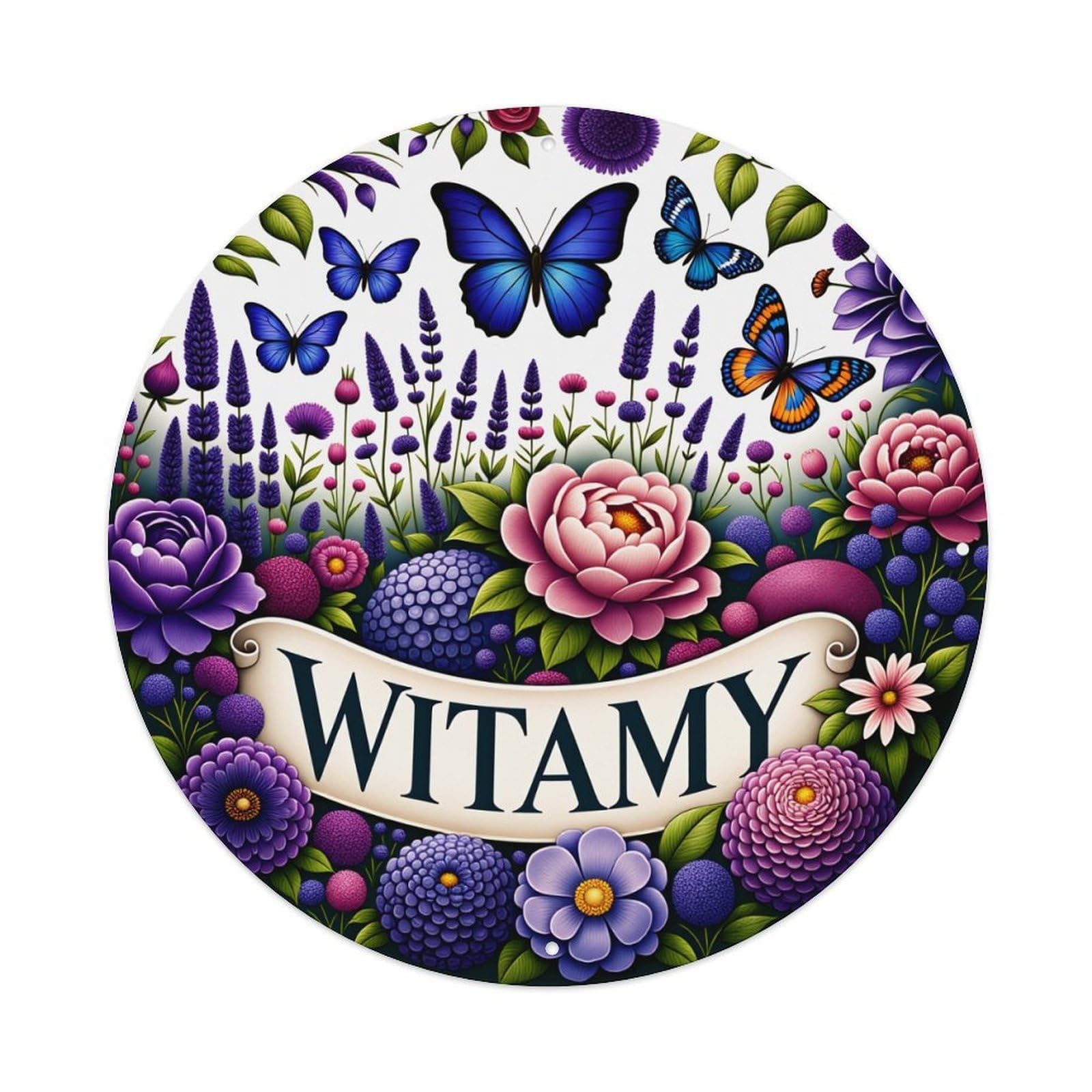 Floral Butterflies Colorful Garden Welcome Round Tin Sign Vintage Style Metal Sign Home Bar Garden Wall Plaque Decor Metal Poster 8x8 Inch