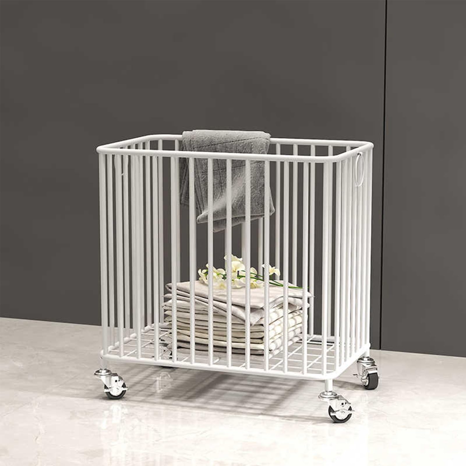 Folding Laundry Basket Household Storage with Wheels,Metal Rolling Hamper Cart with Pull Ring,Dirty Clothes Hamper Organizer