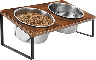 Elevated Dog Bowls, Raised Pet Food Bowls for Dogs and Cats, Wood and Metal Dog Feeder, Raised Tilted Dog Bowl for Small Dogs, Dog Food Bowl Stand with 2 Stainless Steel Dog Bowl, Brown