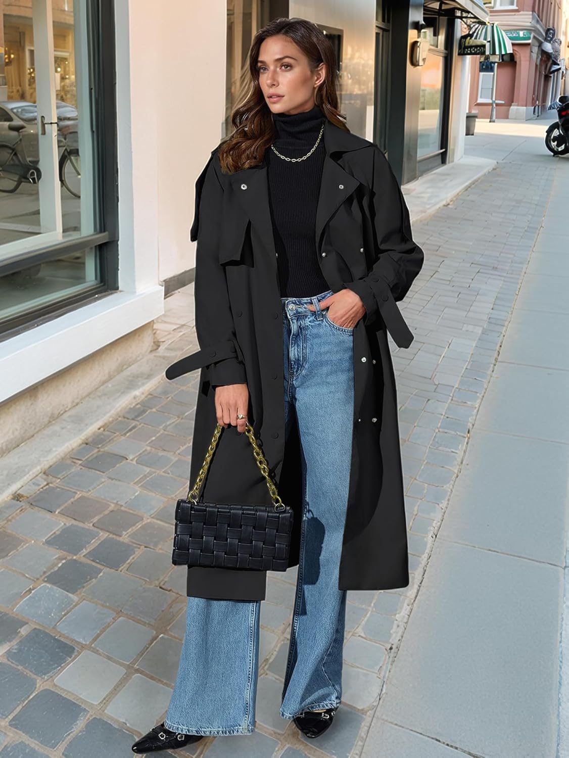 Women's Trench Coat Long Double-Breasted Belted Lapel Overcoat Lightweight Casual Windproof Spring Fall Jacket