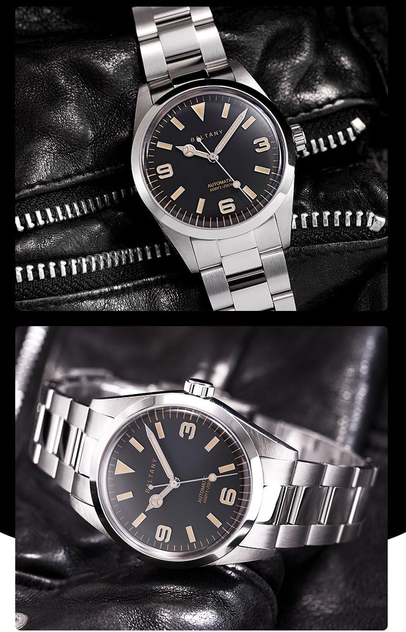 Baltany 39MM Vintage Explorer Homage Men Watches Stainless Steel Bracelet PT5000 Automatic Dress Watch