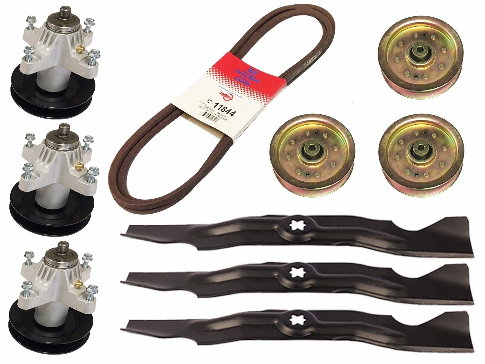 Raisman MTD 50" Deck Mower Rebuild Kit Compatible with Cub Cadet RZT50 Includes 742-04053A Heavy Duty Blades, 918-04126 Spindle Assemblies, 756-04129 Heavy Duty Idler Pulleys, and 754-04044 Deck Belt