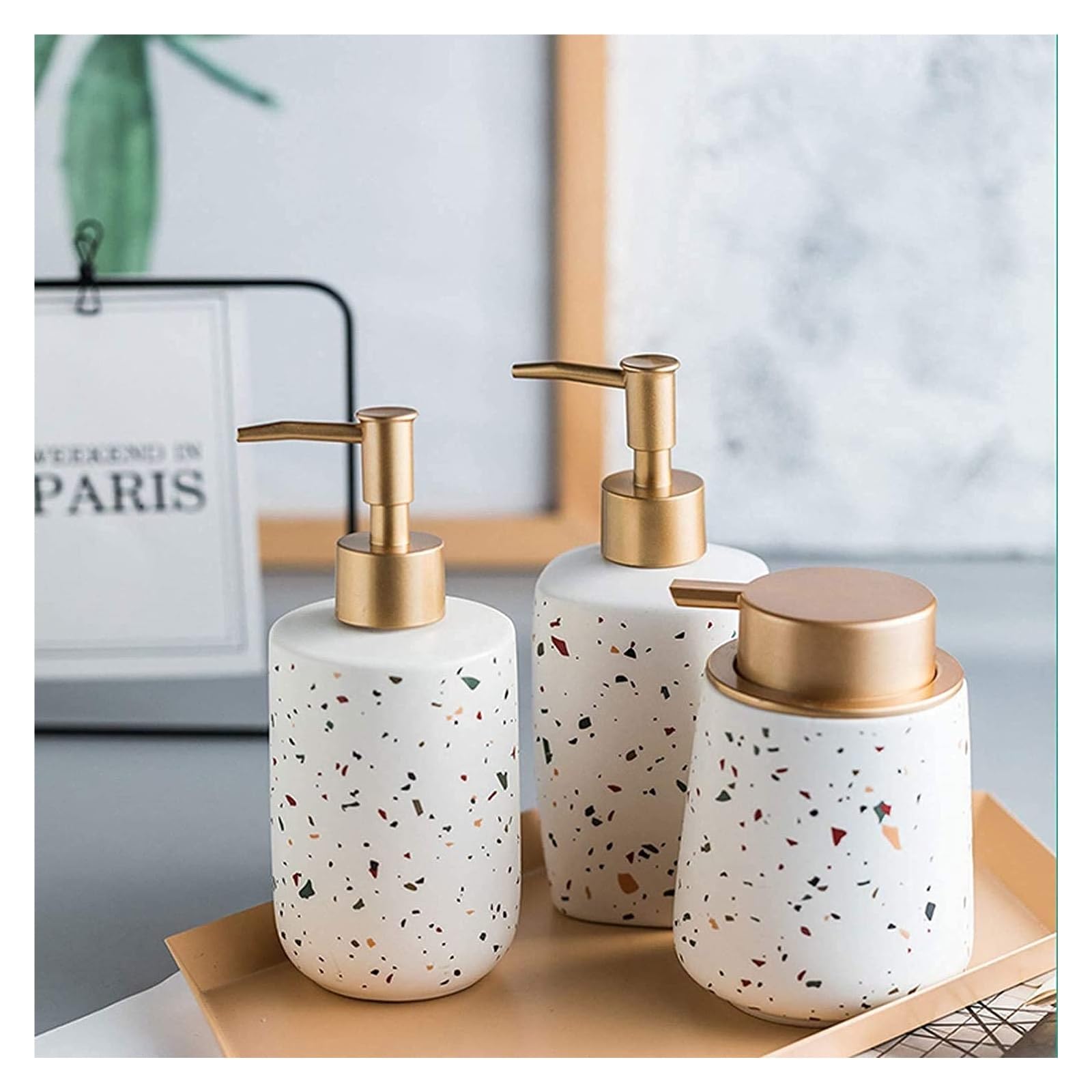 Dispensadores de jabón, decoración Hotel, Botellas dispensadoras loción, cerámica líquida con Bomba Dorada galvanizada