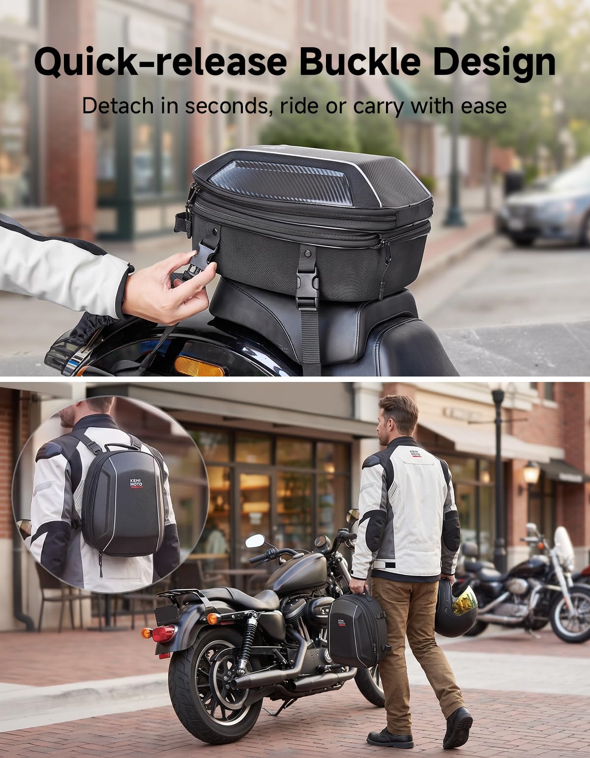 KEMIMOTO Borsa Posteriore Moto Impermeabile con Lucchetto a Combinazione, 11L–21L Espandibile Borsa Moto Rigida in EVA con Copertura Antipioggia, Rimovibile come Borsa a Mano o Zaino