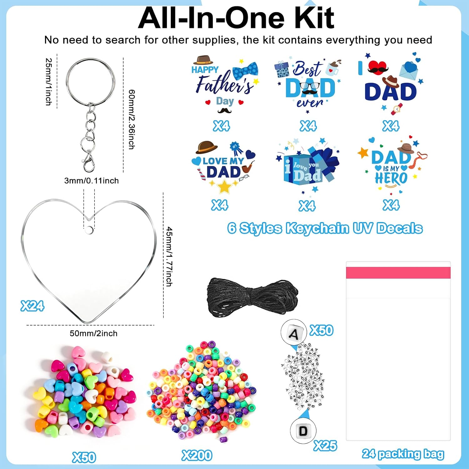 24 Set Fathers Day Crafts Kits, Dad DIY Keychain Bulk Set with Acrylic Blank and UV Stickers, Father's Craft Gifts Making Kit, Funny Classroom Home Birthday Art Activities Party Favors image 2