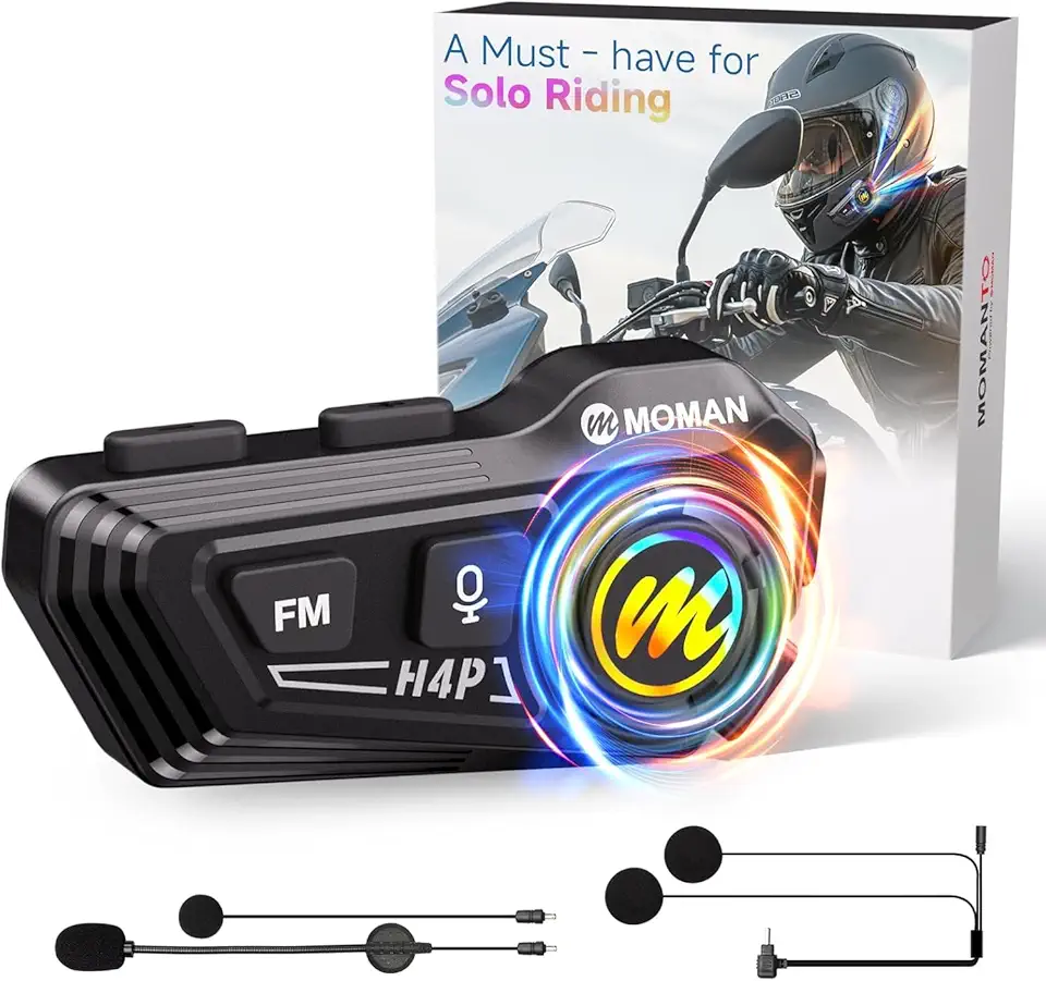 Fone de ouvido para capacete de motocicleta, Moman RS-H4P, BT5.1, com alto-falantes Hi-Fi, redução de ruído dupla 【Nova atualização】 em botão RGB/FM/luva amigável/chamada mãos-livres/fone de ouvido de