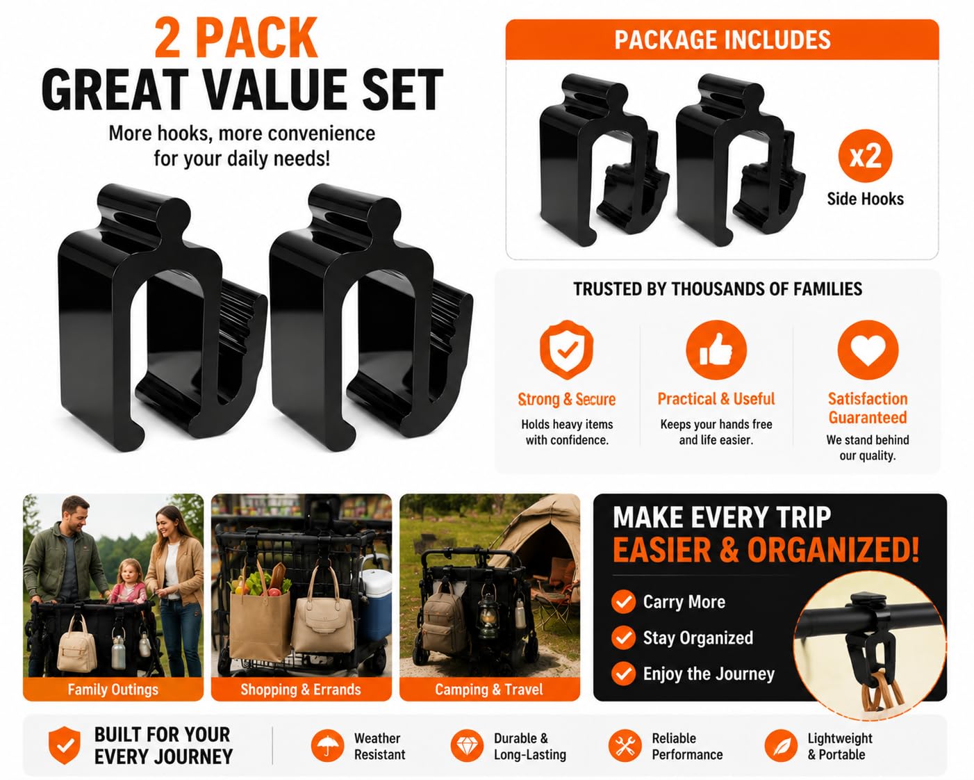 Universal Stroller Hooks for Bags, Heavy Duty Baby Stroller Accessories for Diaper Bags, Grocery Bags & Shopping Bags, Easy Install Stroller Clips for Most Strollers and Wagons