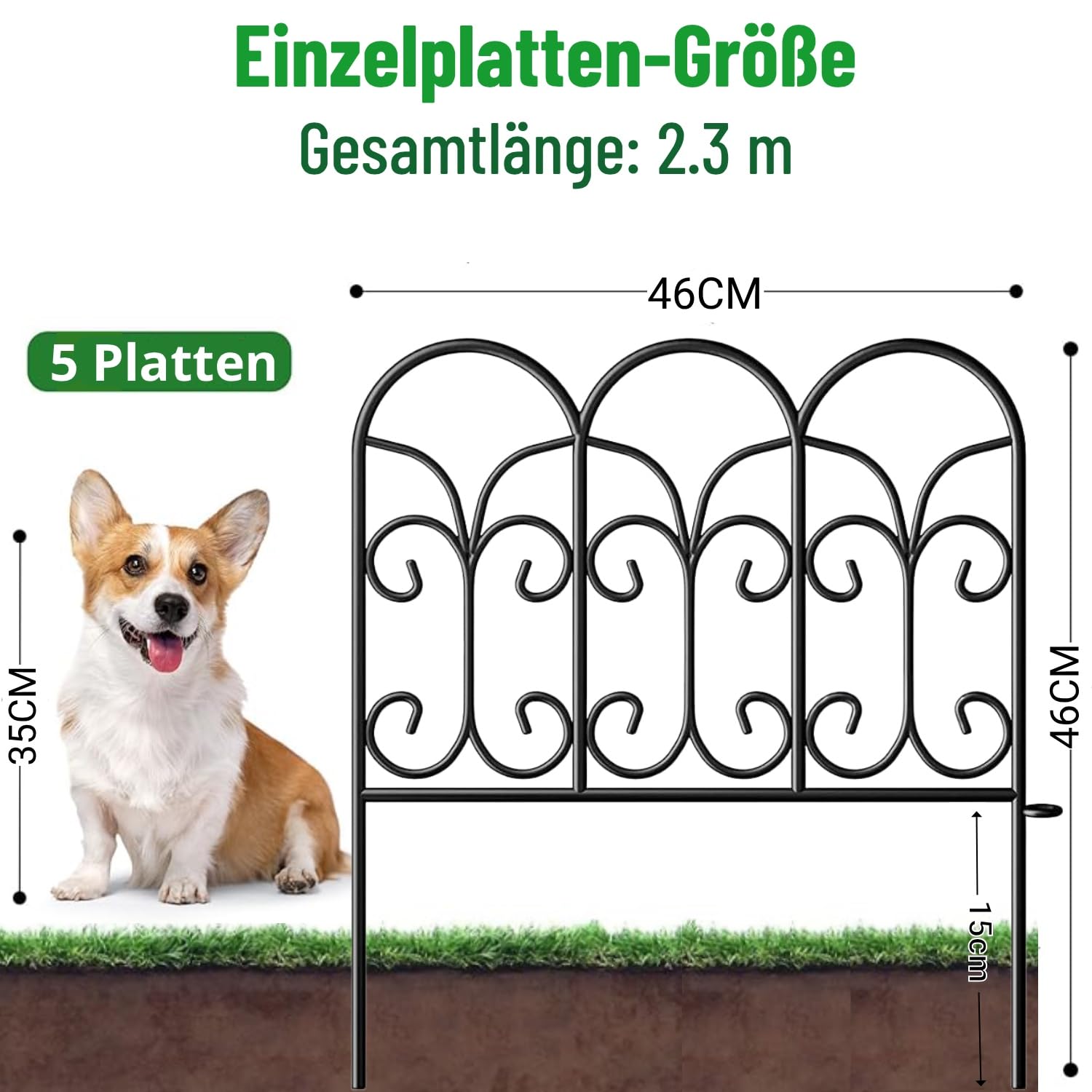 Amagabeli Dekoratives Gartenzaun 46cm(H) x 46cm(L) (5 Panels, Gesamtlänge 2.3m), Rostfrei Metallzaun ohne Graben für Außenbereich, Grenzzaun, Hundezäune für Blumenbeete, Schwarz