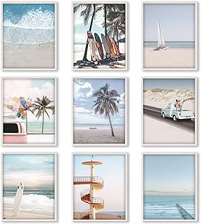 9 Pieces Beach Wall Art Prints Ocean Beach Décor Nautical Themed Posters Teens Girls Bedroom Decor, 8 x 10 Inch, Beach Wal...